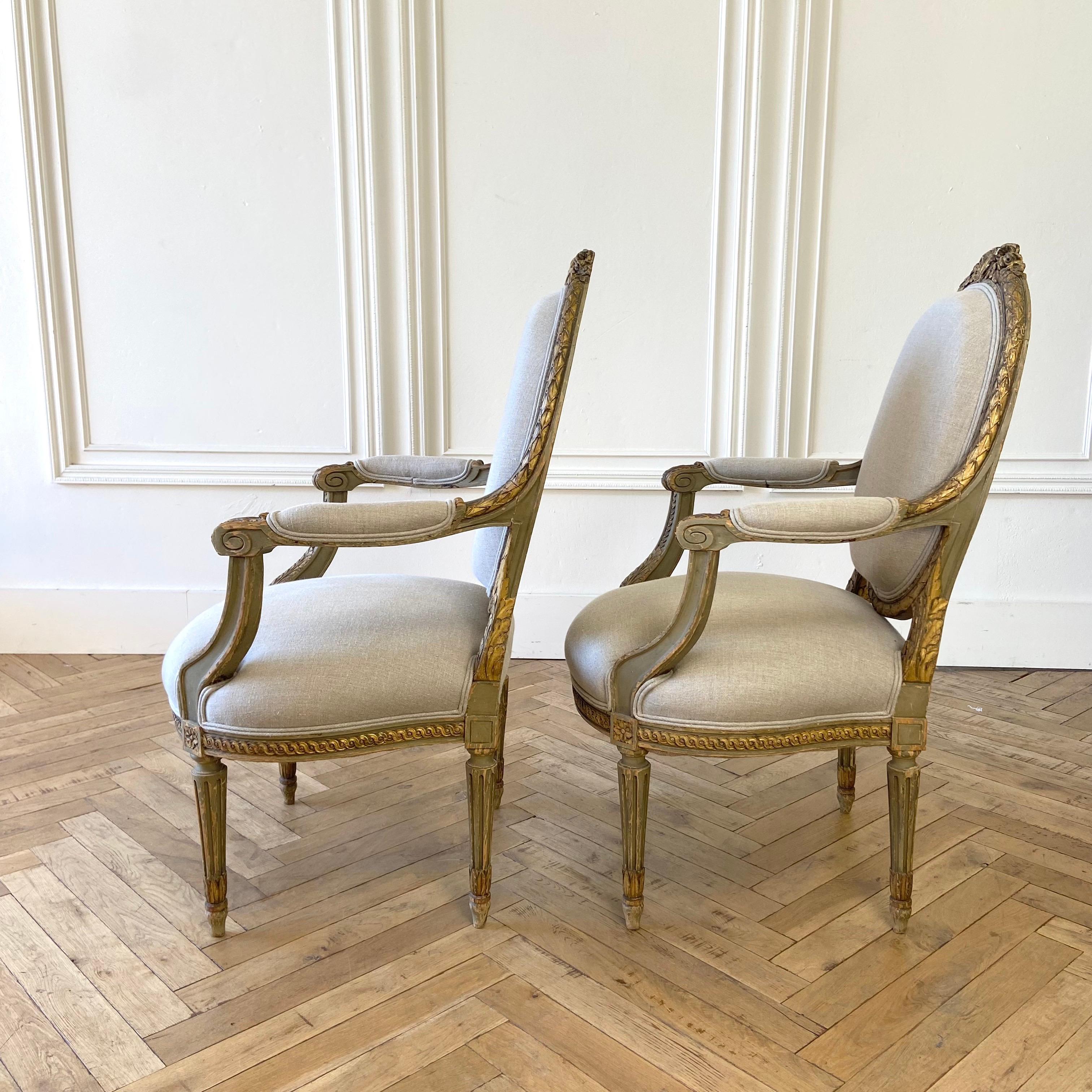 19th Century Antique Pair of French Louis XVI Style Arm Chairs Original Paint and Giltwood For Sale