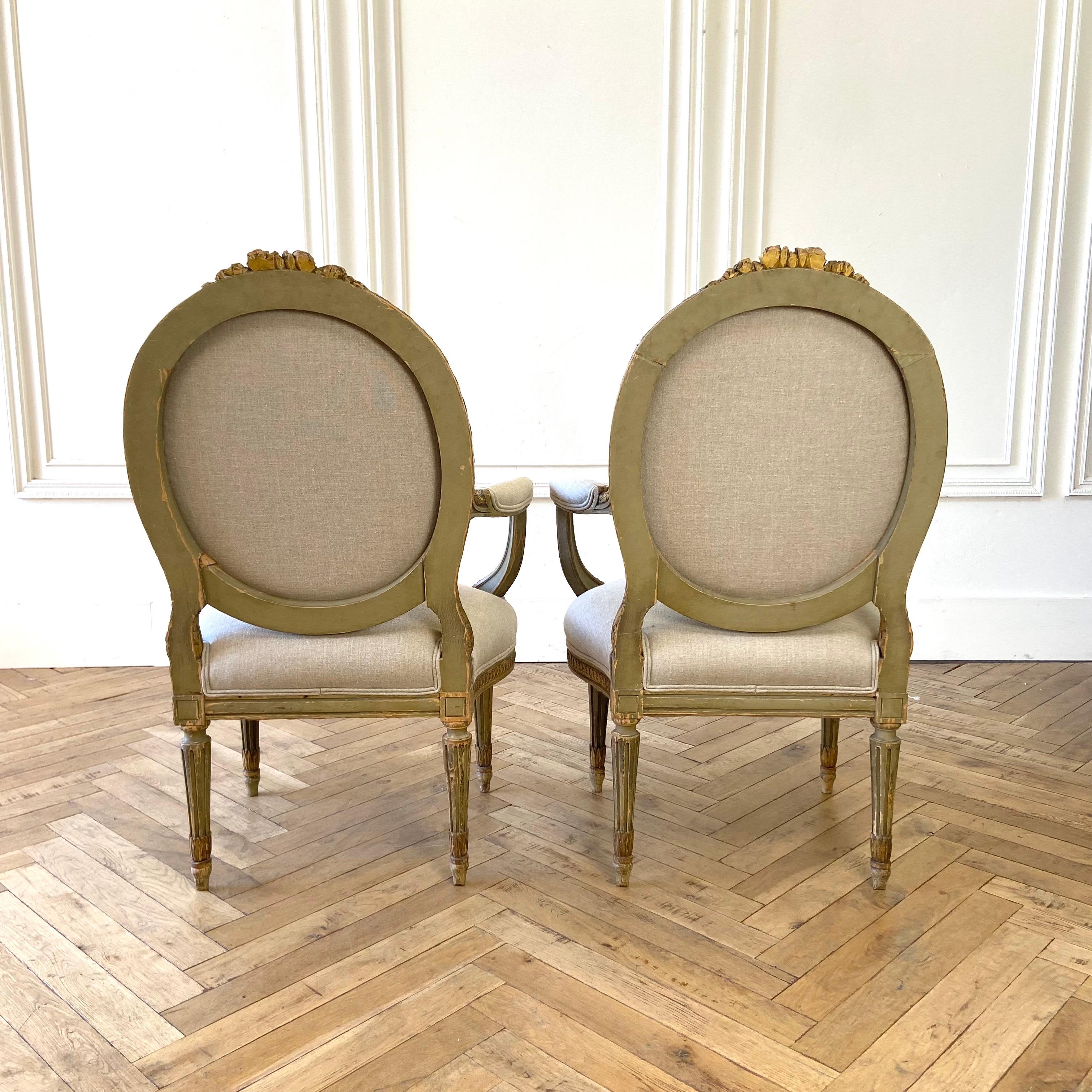 Linen Antique Pair of French Louis XVI Style Arm Chairs Original Paint and Giltwood For Sale