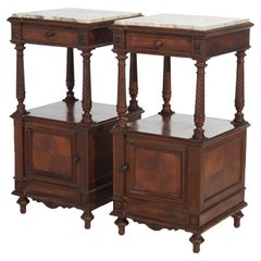 Paire de stands anciens de style Louis XVI en bois de roi et noyer avec dessus en marbre C1910