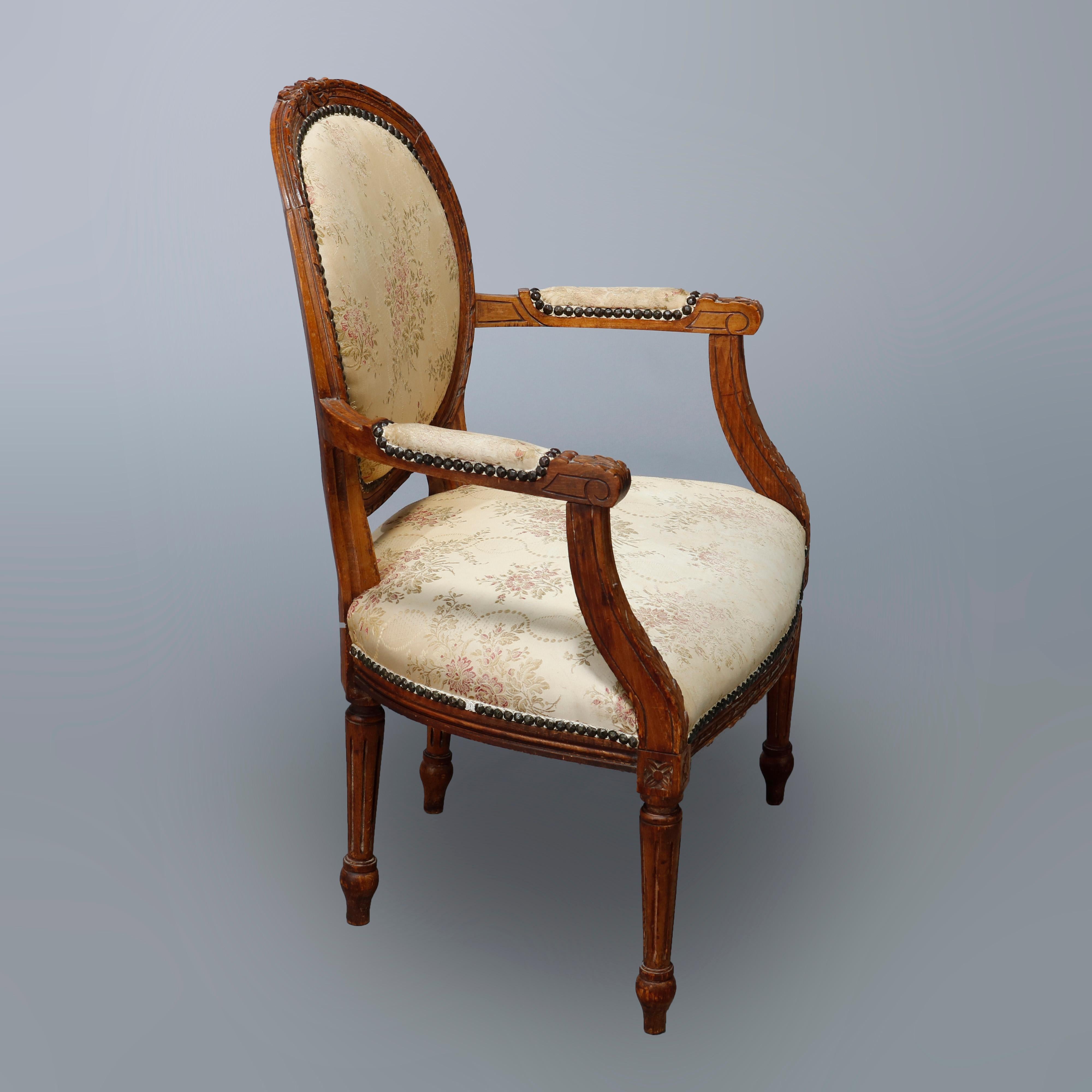 19th Century Antique Pair of French Louis XVI Style Walnut Fauteuil Armchairs, 19th C For Sale