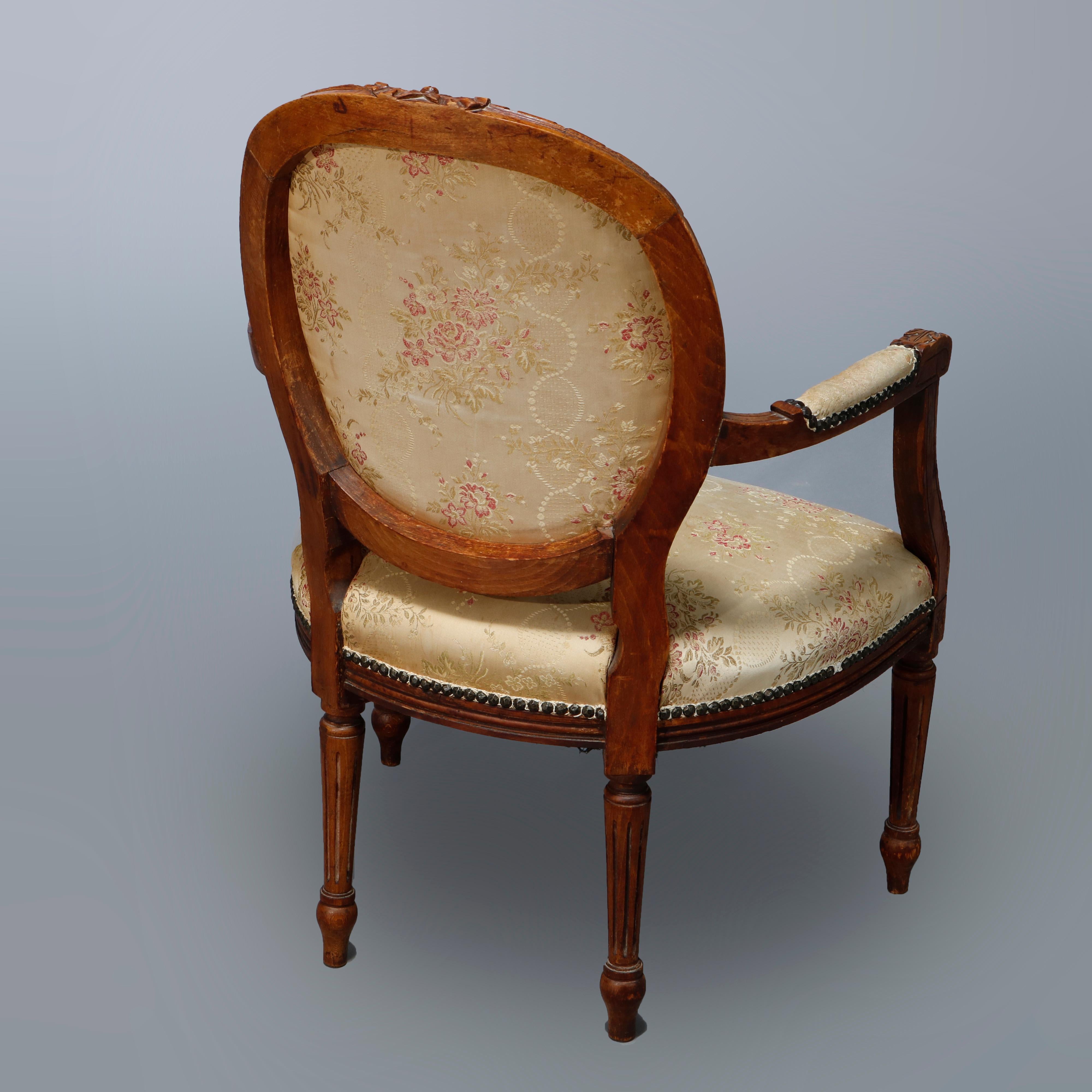 Upholstery Antique Pair of French Louis XVI Style Walnut Fauteuil Armchairs, 19th C For Sale