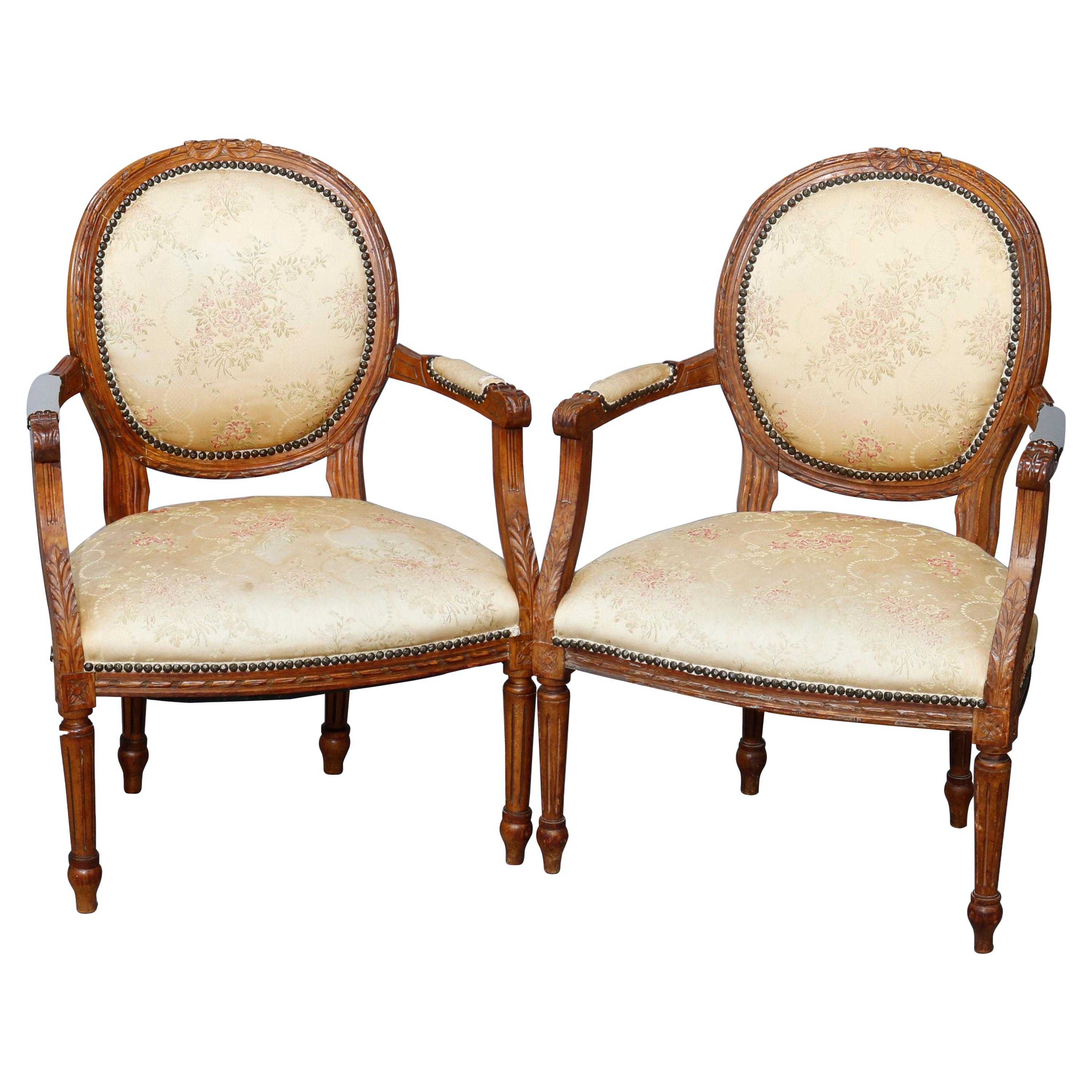 Antique Pair of French Louis XVI Style Walnut Fauteuil Armchairs, 19th C For Sale