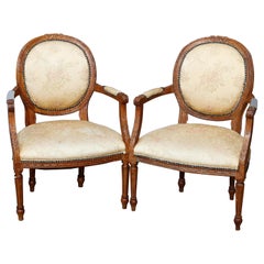 Antique Pair of French Louis XVI Style Walnut Fauteuil Armchairs, 19th C