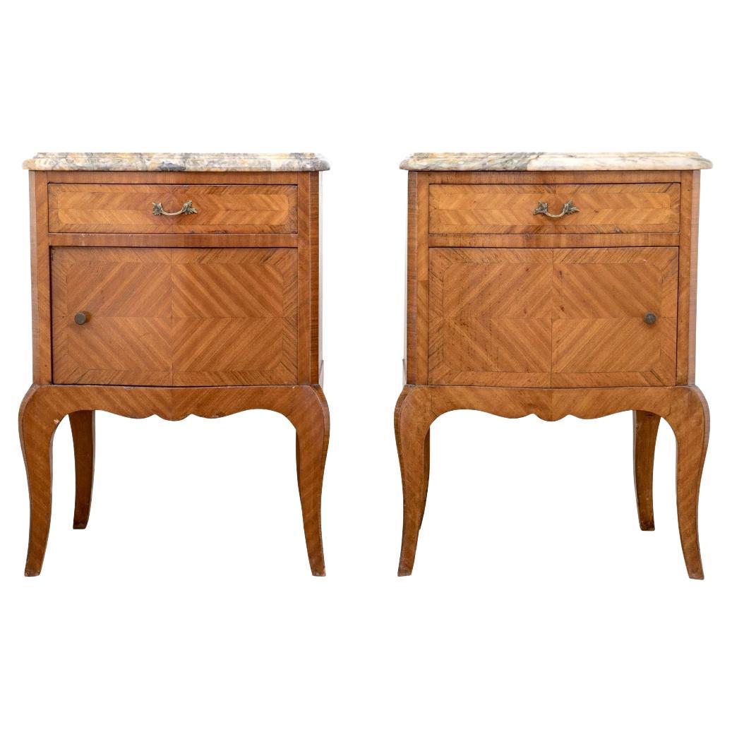 Antique Pair Of French Marble Top Marquetry Bedside Chests For Sale