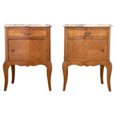 Antique Pair Of French Marble Top Marquetry Bedside Chests