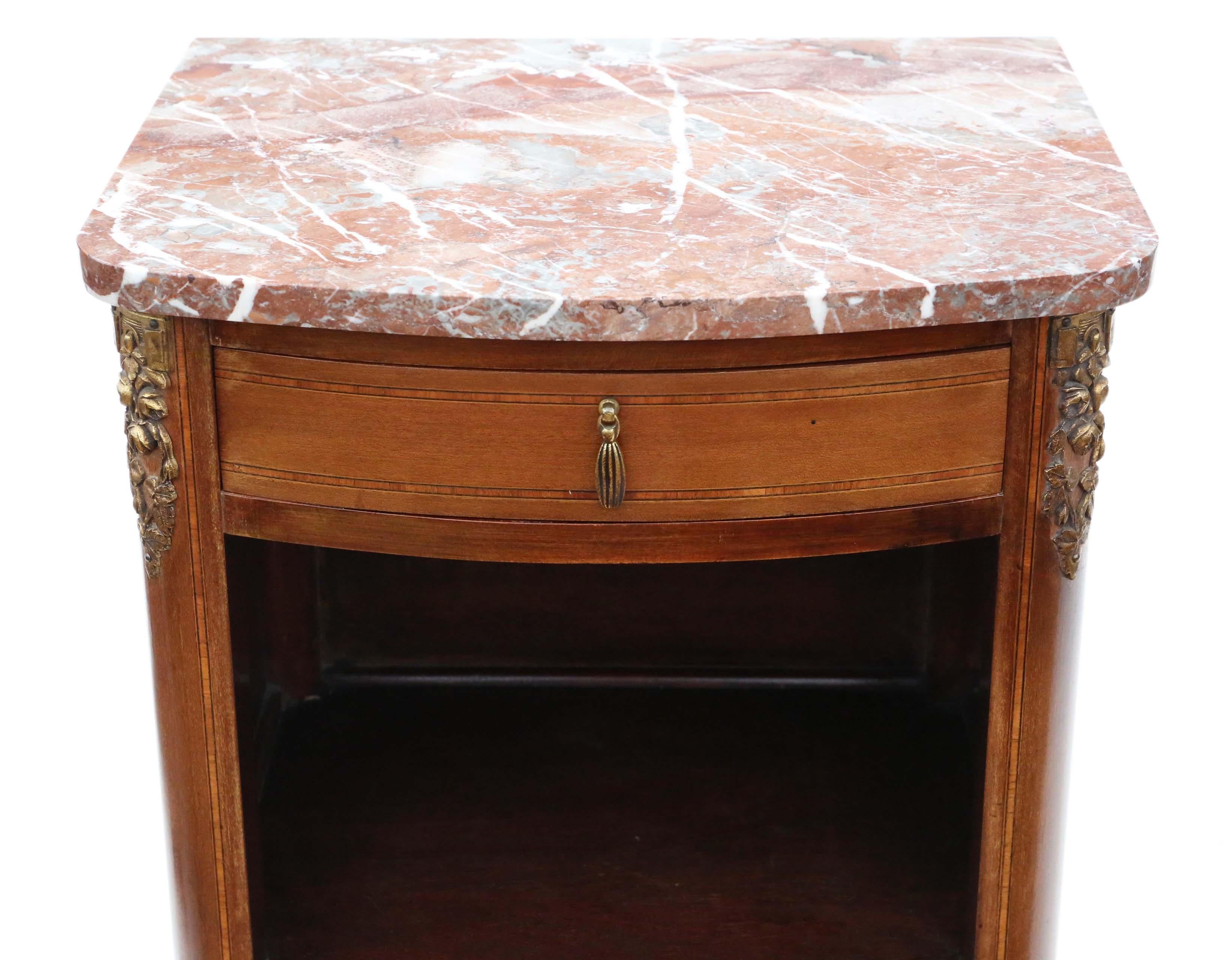 Antique Pair of French Marquetry Bedside Tables Cupboards Marble 6