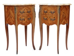 Antique Pair of French Marquetry Bedside Tables Cupboards Marble