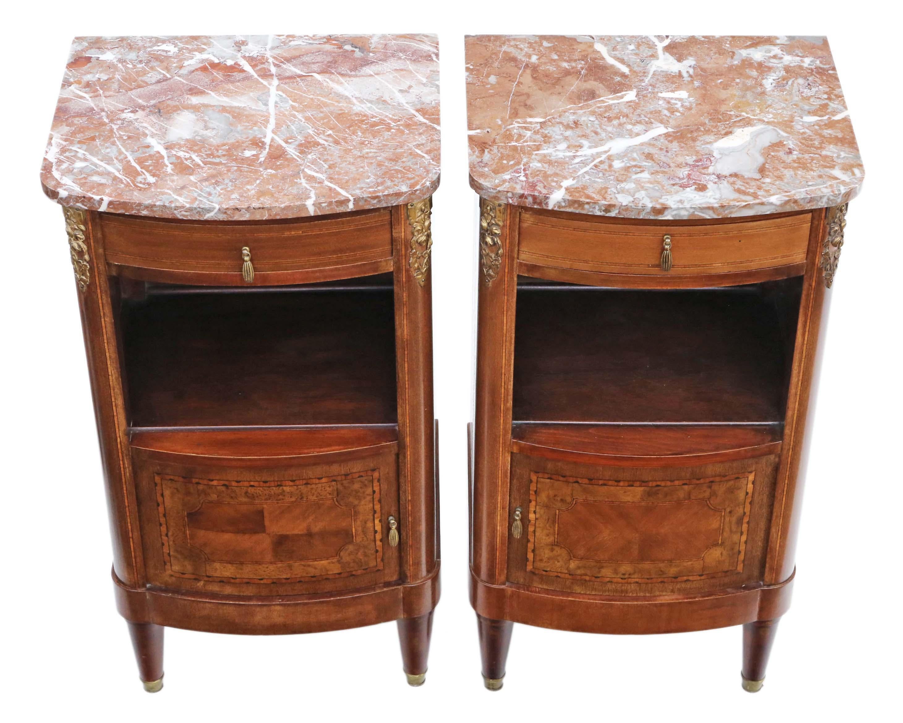 Antique fine quality pair of French marquetry bedside tables cupboards with marble tops, C1930.

No loose joints The drawers slide freely and there are working catches to the cupboards.

Would look great in the right location!

Overall maximum