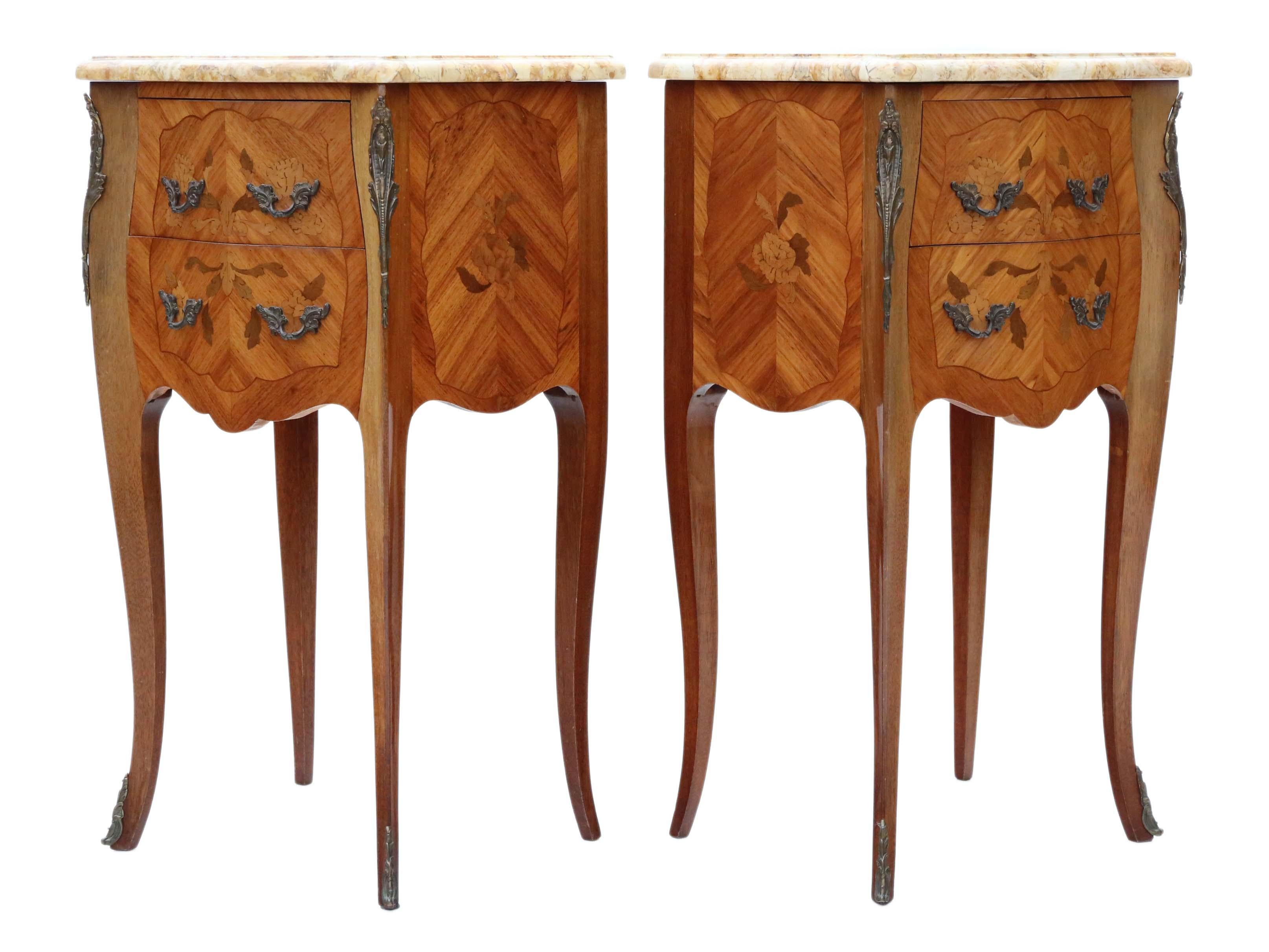 Antique Pair of French Marquetry Bedside Tables Cupboards Marble In Good Condition In Wisbech, Cambridgeshire