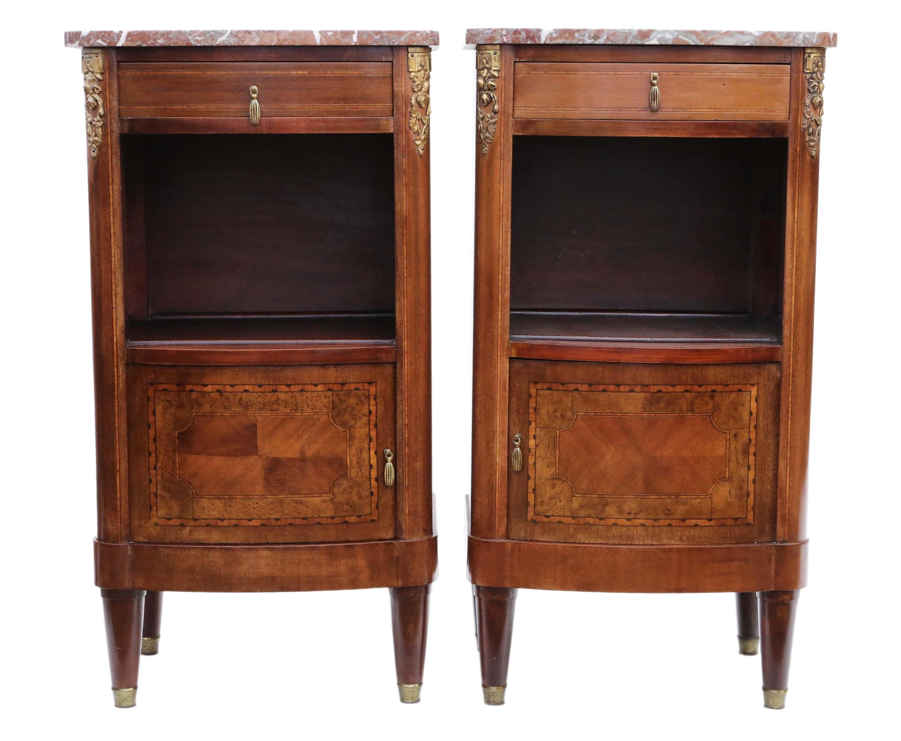Antique Pair of French Marquetry Bedside Tables Cupboards Marble In Good Condition In Wisbech, Cambridgeshire