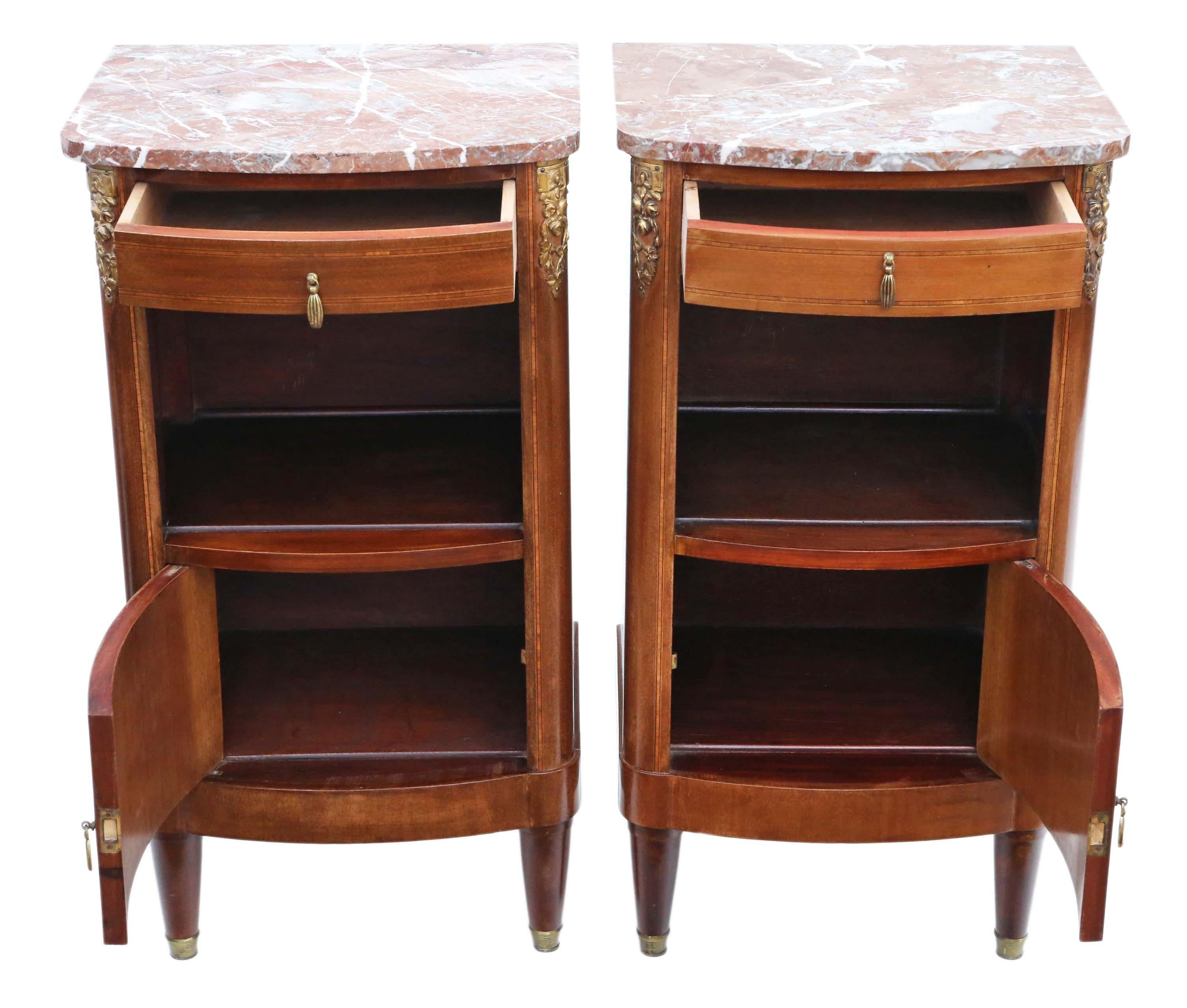 Mid-20th Century Antique Pair of French Marquetry Bedside Tables Cupboards Marble