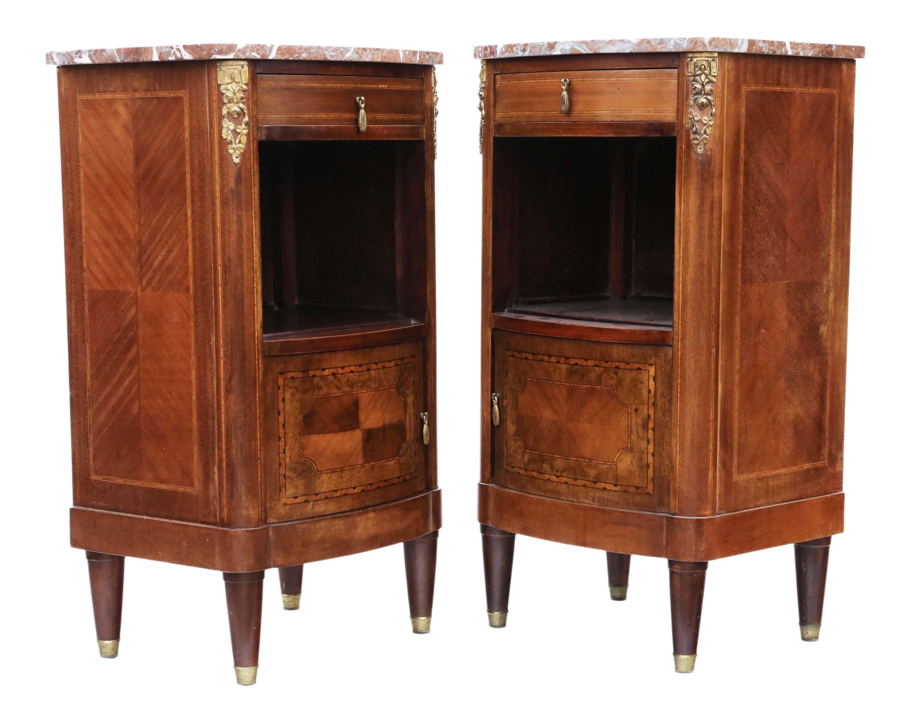Antique Pair of French Marquetry Bedside Tables Cupboards Marble 1