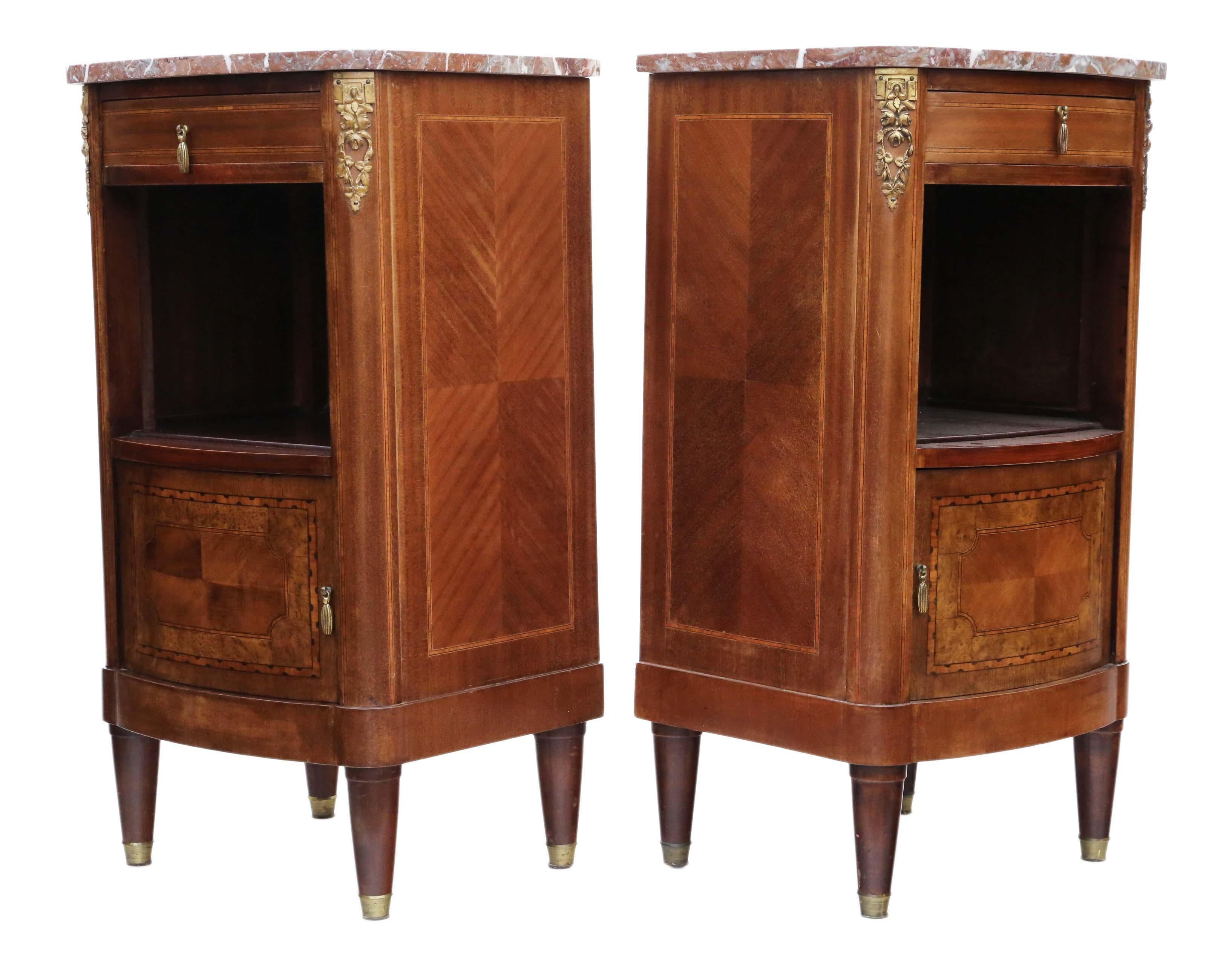 Antique Pair of French Marquetry Bedside Tables Cupboards Marble 3