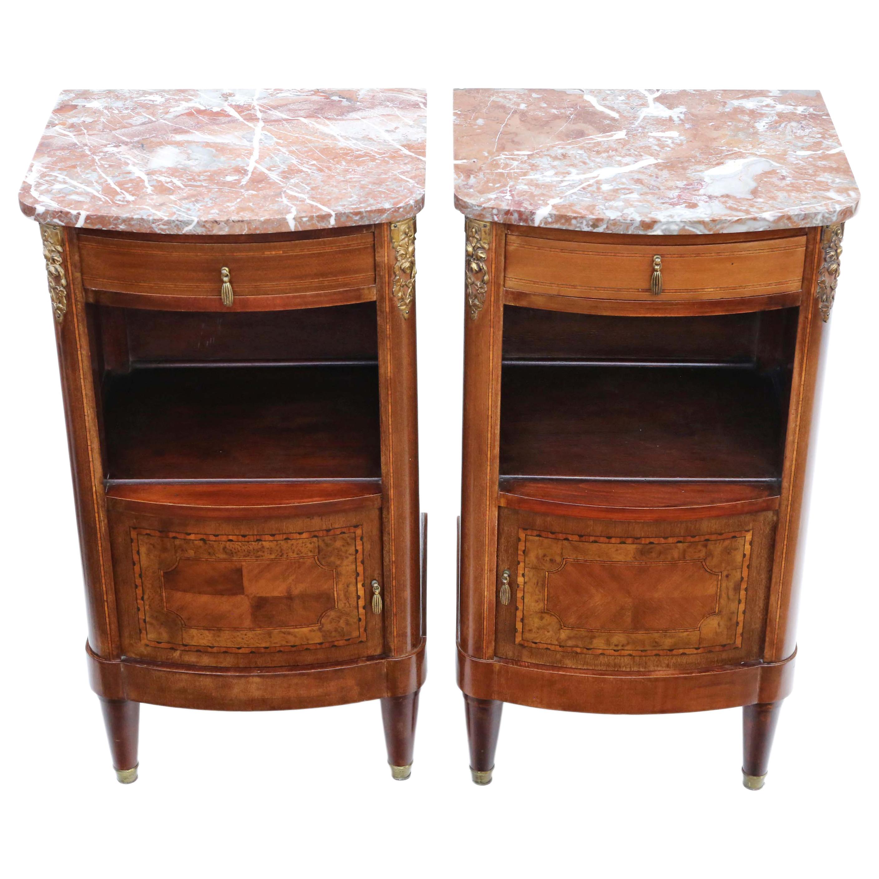 Antique Pair of French Marquetry Bedside Tables Cupboards Marble