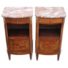 Antique Pair of French Marquetry Bedside Tables Cupboards Marble