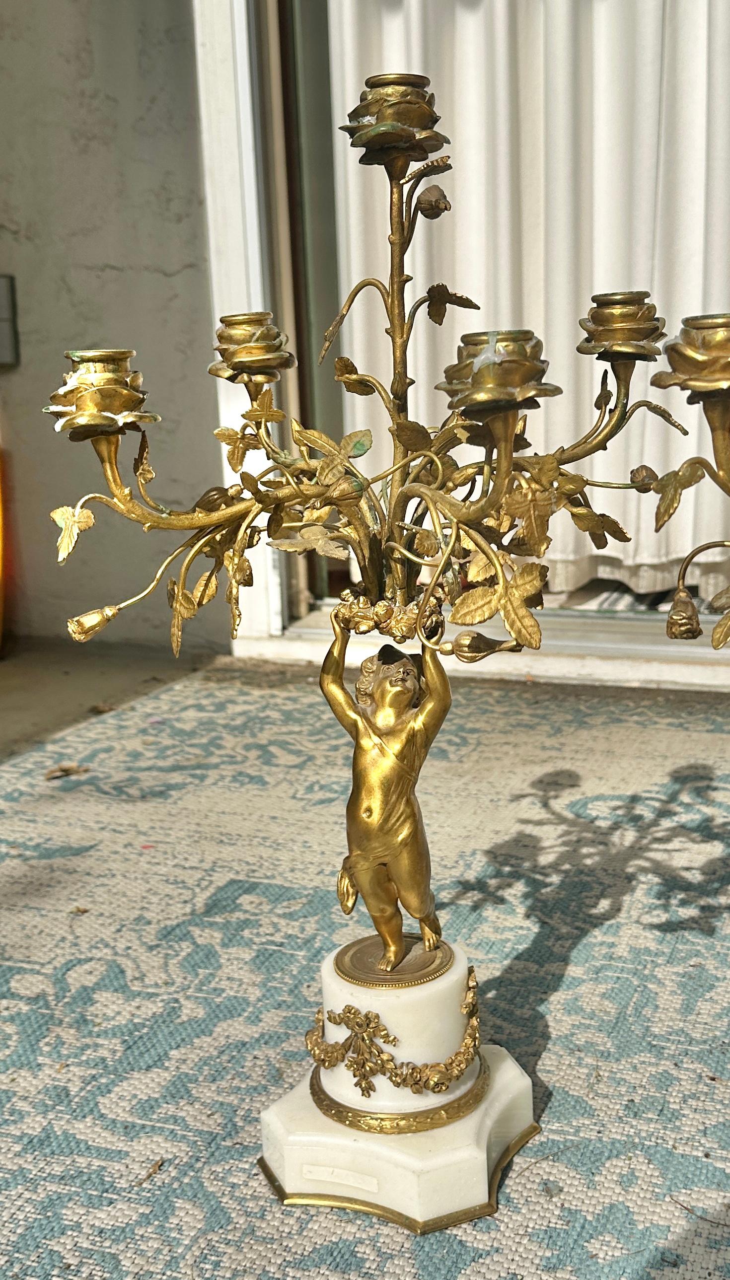 Antique Pair Of French Napoleon III Gilt Bronze Cherub Putti Candelabras 1870 For Sale 6