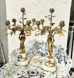 Antique Pair Of French Napoleon III Gilt Bronce Cherub Putti Candelabros 1870