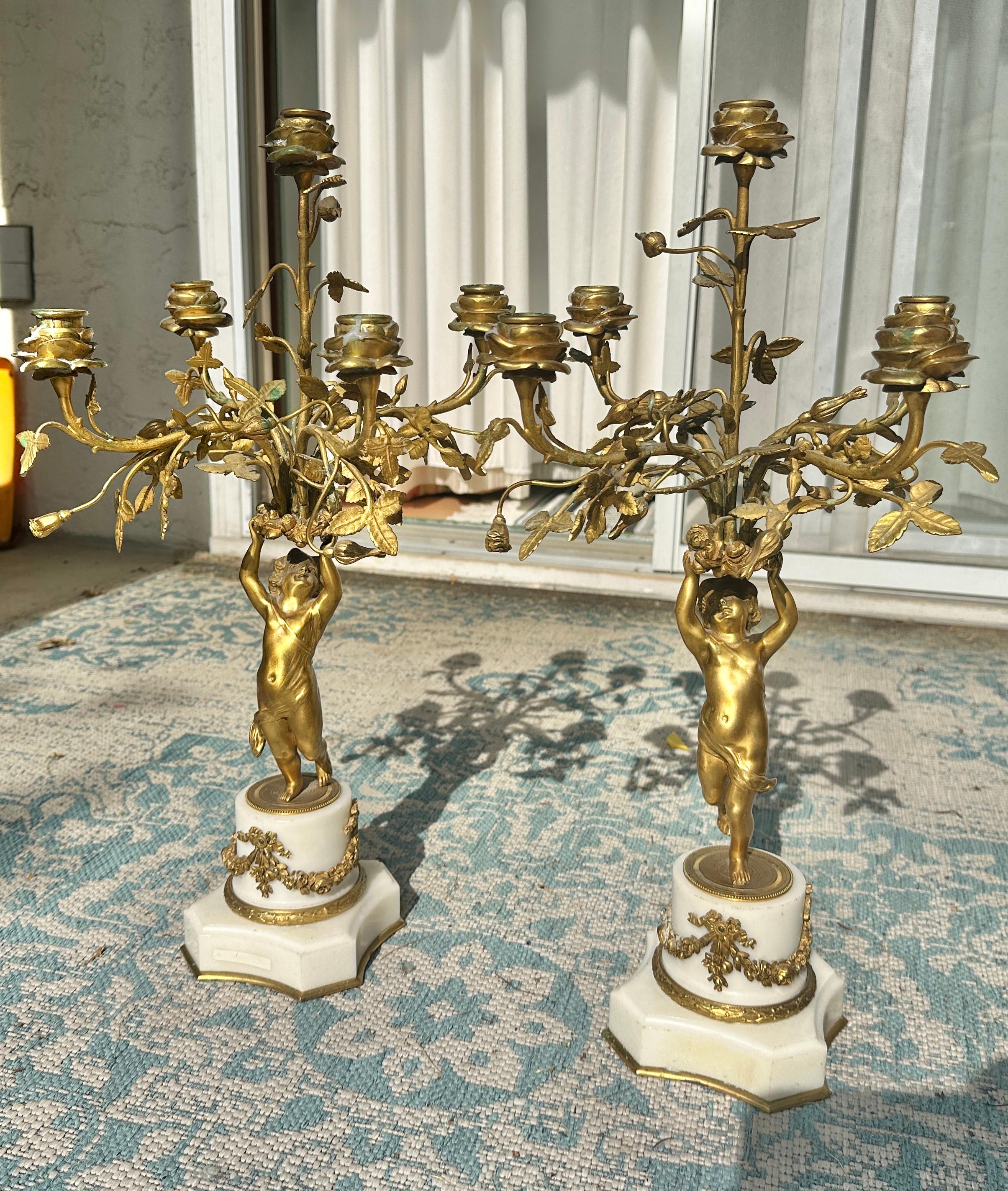 Belle Époque Antique Pair Of French Napoleon III Gilt Bronze Cherub Putti Candelabras 1870 For Sale