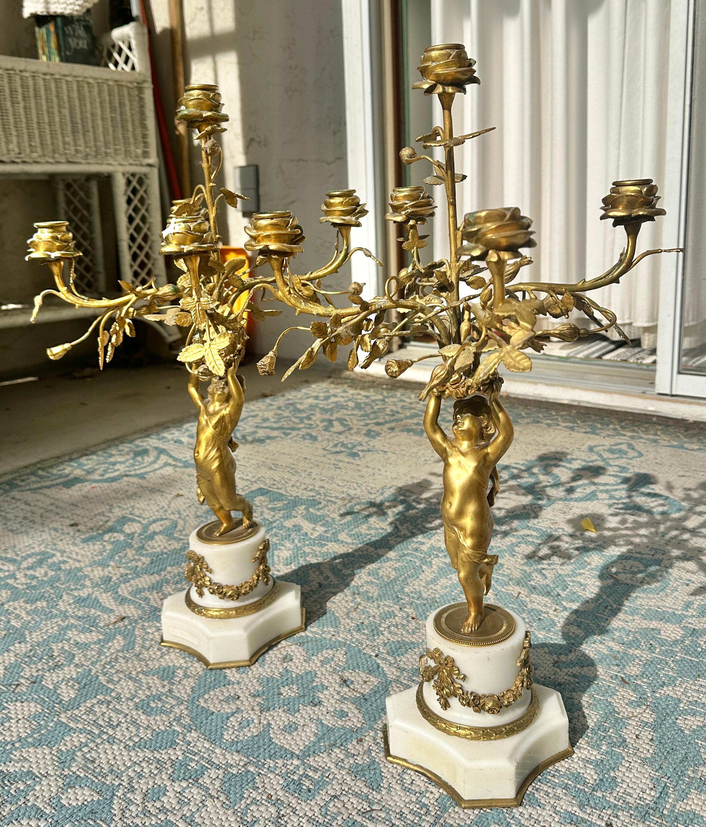 Antique Pair Of French Napoleon III Gilt Bronze Cherub Putti Candelabras 1870 For Sale 2