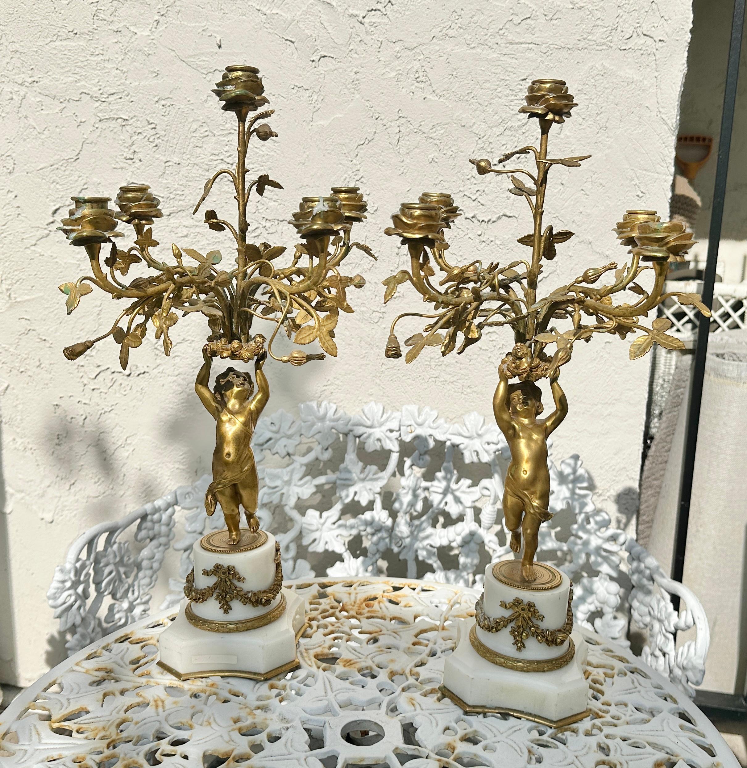 Antique Pair Of French Napoleon III Gilt Bronze Cherub Putti Candelabras 1870 For Sale 3