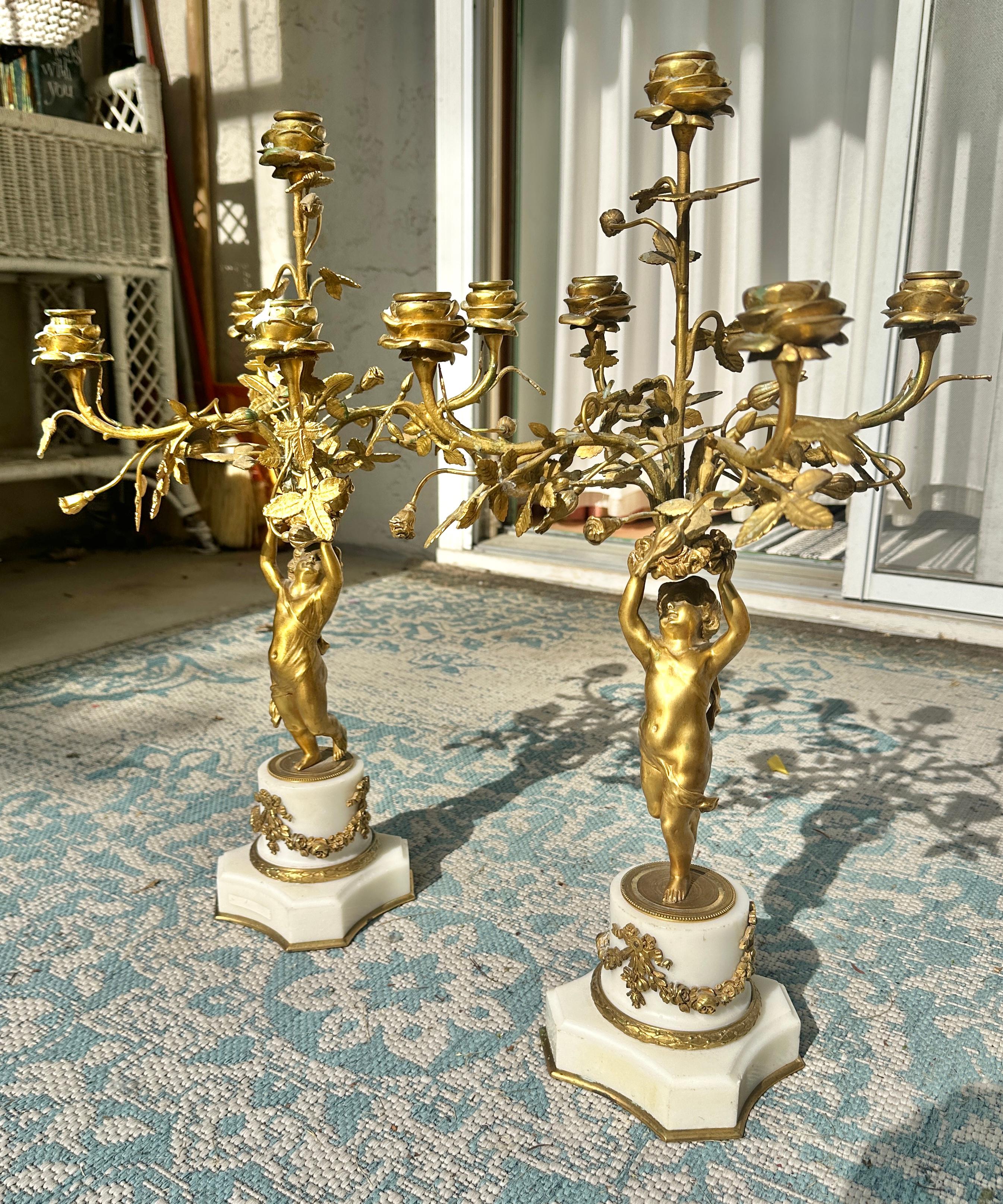 Antique Pair Of French Napoleon III Gilt Bronze Cherub Putti Candelabras 1870 For Sale 4