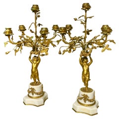 Antique Pair Of French Napoleon III Gilt Bronze Cherub Putti Candelabras 1870
