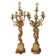 Antikes Paar französischer Napoleon III.-Kandelaber aus vergoldeter Bronze mit Putten, ca. 1870