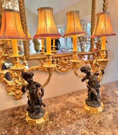 Paire Antique French Napoleon III Ormolu Gilt Bronze Cherub Putti Lampe 1860