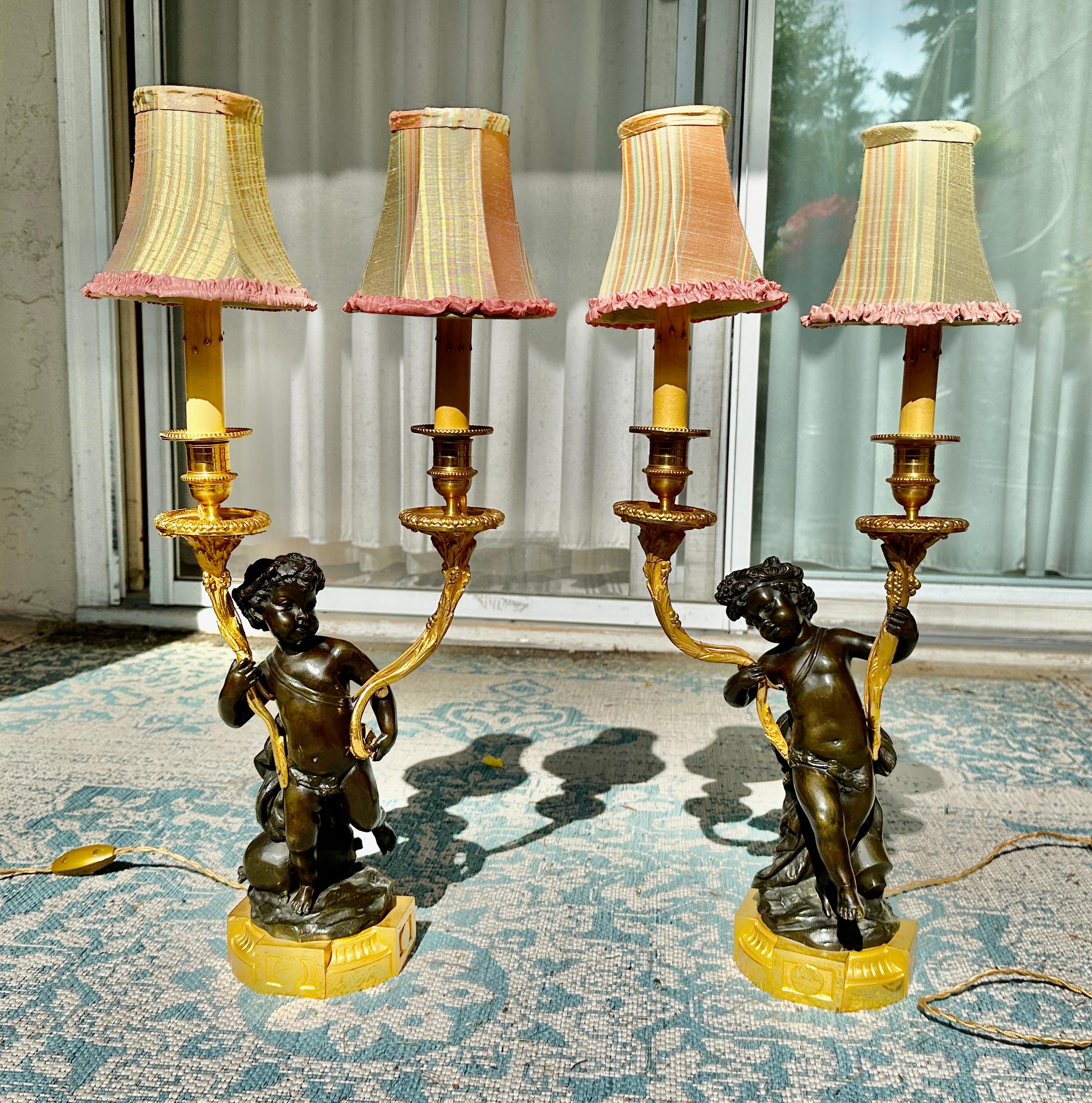 Belle Époque Antique Pair Of French Napoleon III Ormolu Gilt Bronze Cherub Putti Lamps 1860 For Sale