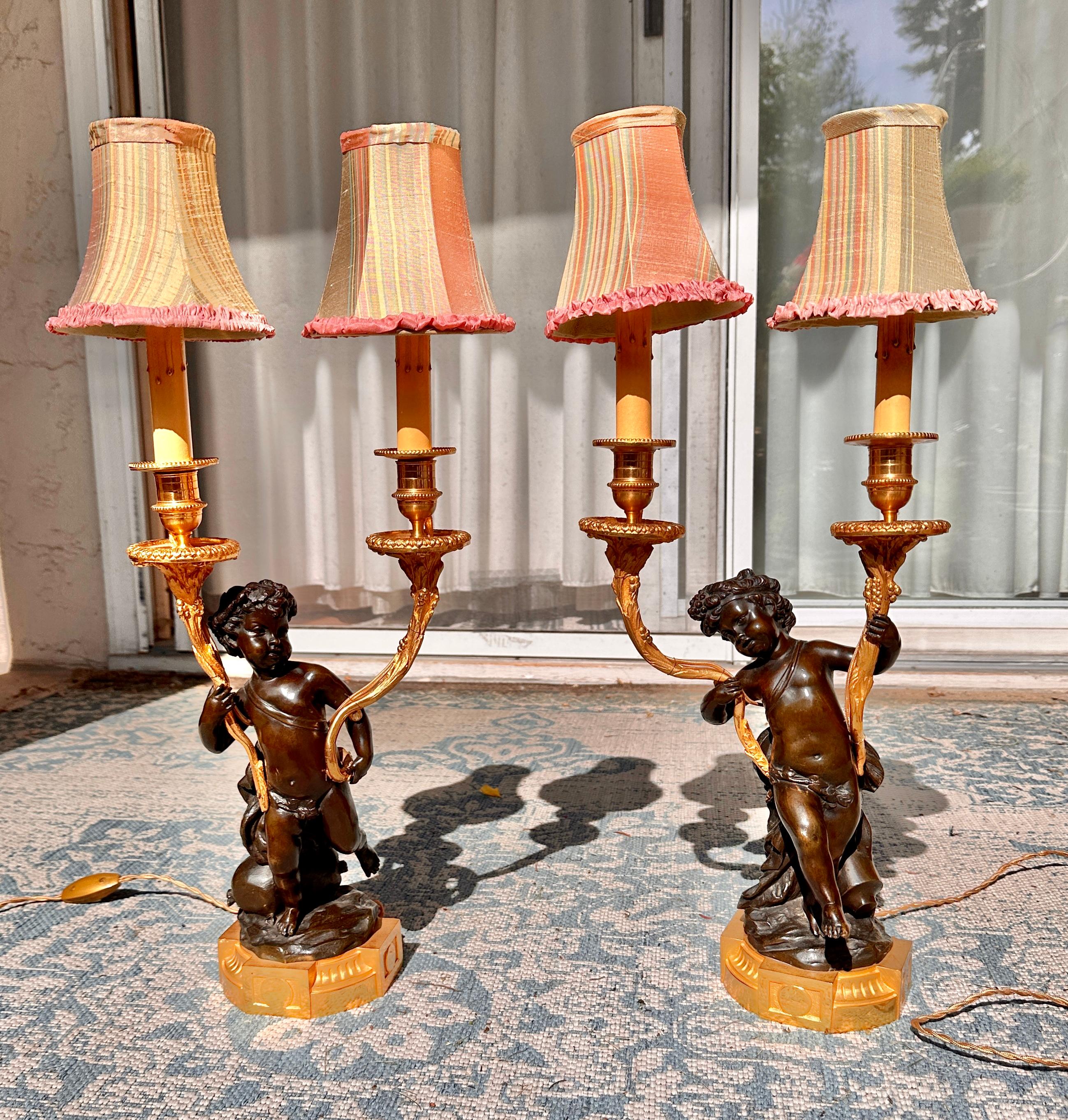 Antique Pair Of French Napoleon III Ormolu Gilt Bronze Cherub Putti Lamps 1860 In Excellent Condition For Sale In New York, NY