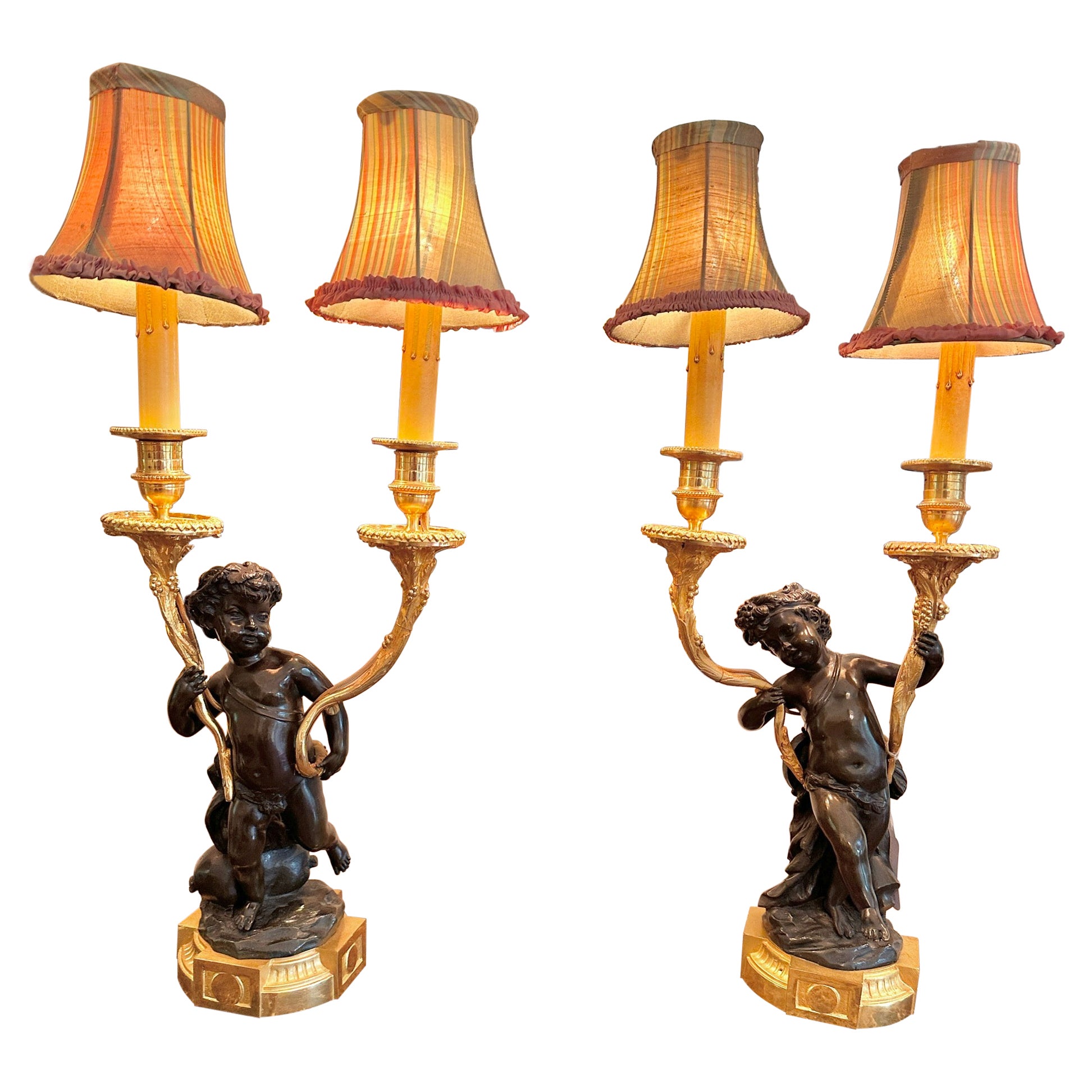 Antique Pair Of French Napoleon III Ormolu Gilt Bronze Cherub Putti Lamps 1860