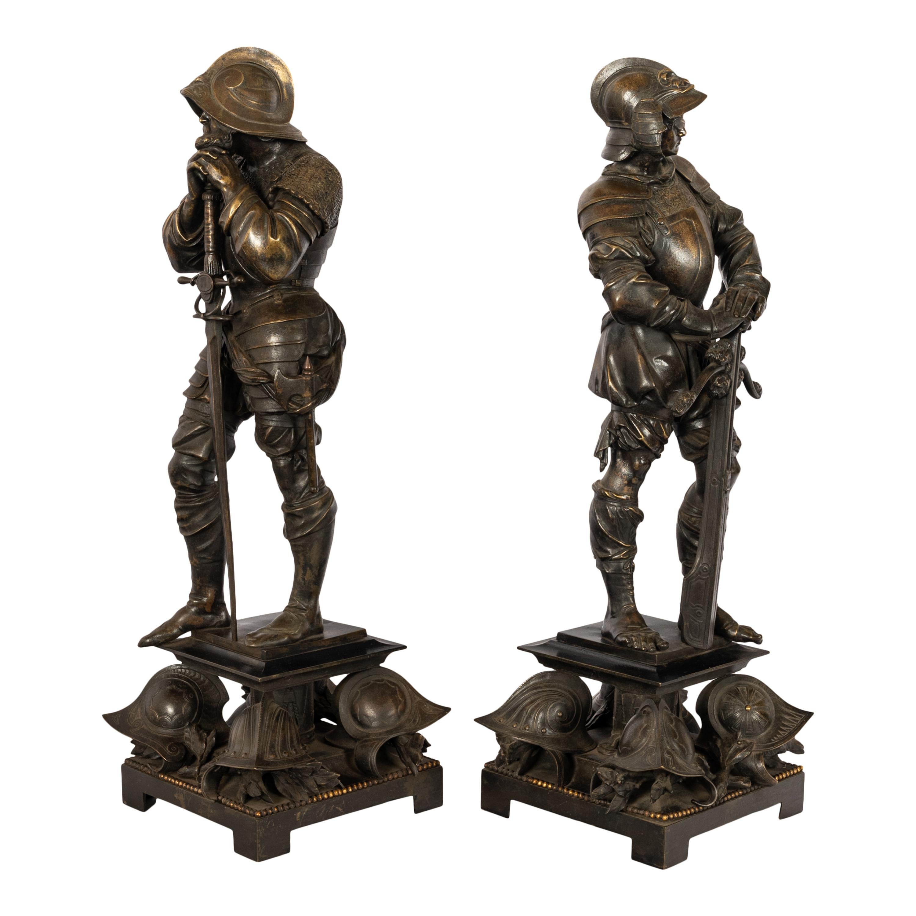 Antiguo par de estatuas de soldados franceses neorrenacentistas de bronce Esculturas 1840 Francés
