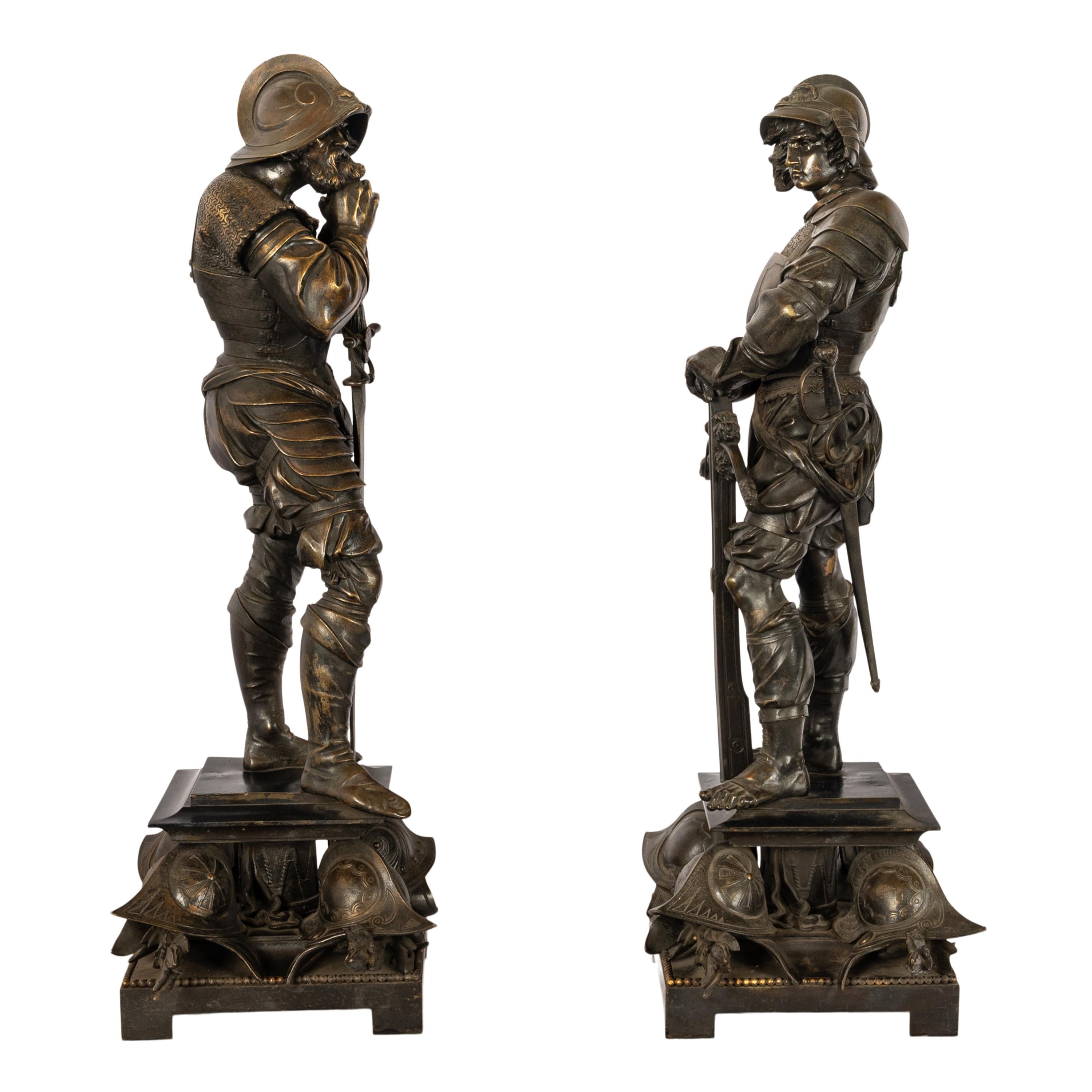 Antiguo par de estatuas de soldados franceses neorrenacentistas de bronce Esculturas 1840 Mediados del siglo XIX