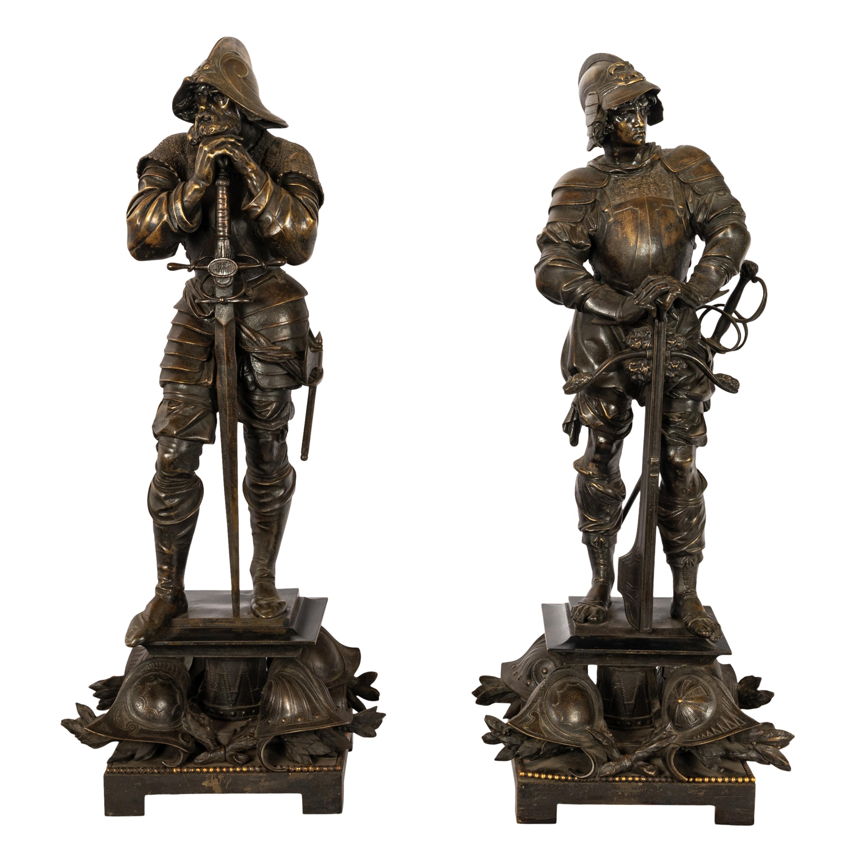 Antiguo par de estatuas de soldados franceses neorrenacentistas de bronce Esculturas 1840 Bronce