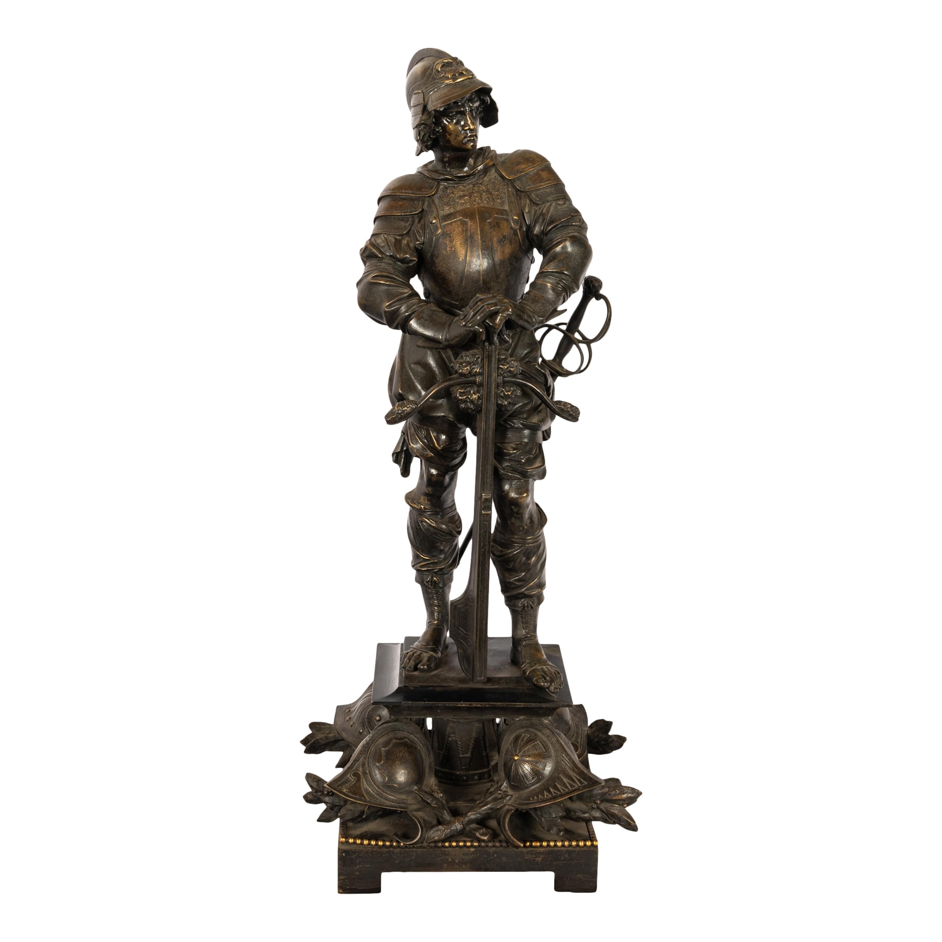 Antiguo par de estatuas de soldados franceses neorrenacentistas de bronce Esculturas 1840 1
