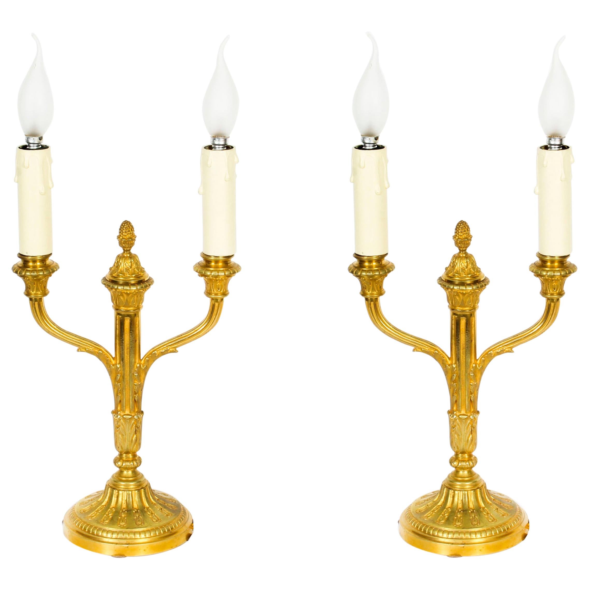 Antique Pair of French Neoclassical Ormolu Candelabra Table Lamps, 19th Century