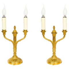 Antique Pair of French Neoclassical Ormolu Candelabra Table Lamps, 19th Century