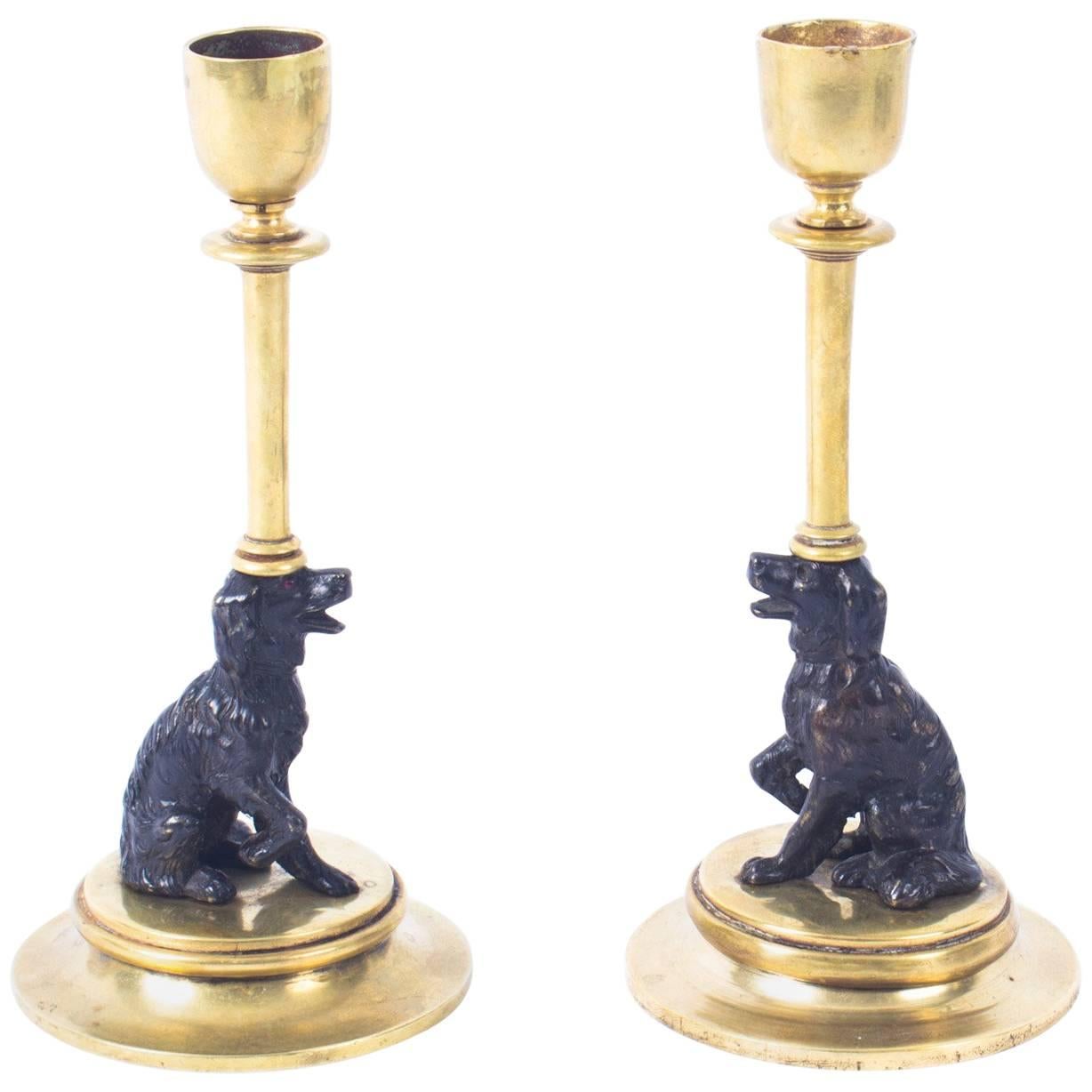 Antique Pair of French Novelty Bronze Spaniel Candlesticks, 19th Century