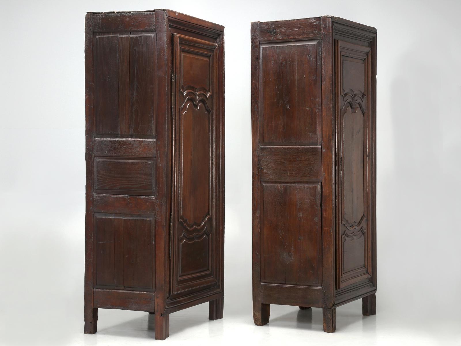 One wonders how a pair of Louis XIII 250-year-old French bonnetieres, cupboards, armoires or what have you, could possibly stay together that long, without be separated? We instructed our Old Plank restoration department, not to over restore the