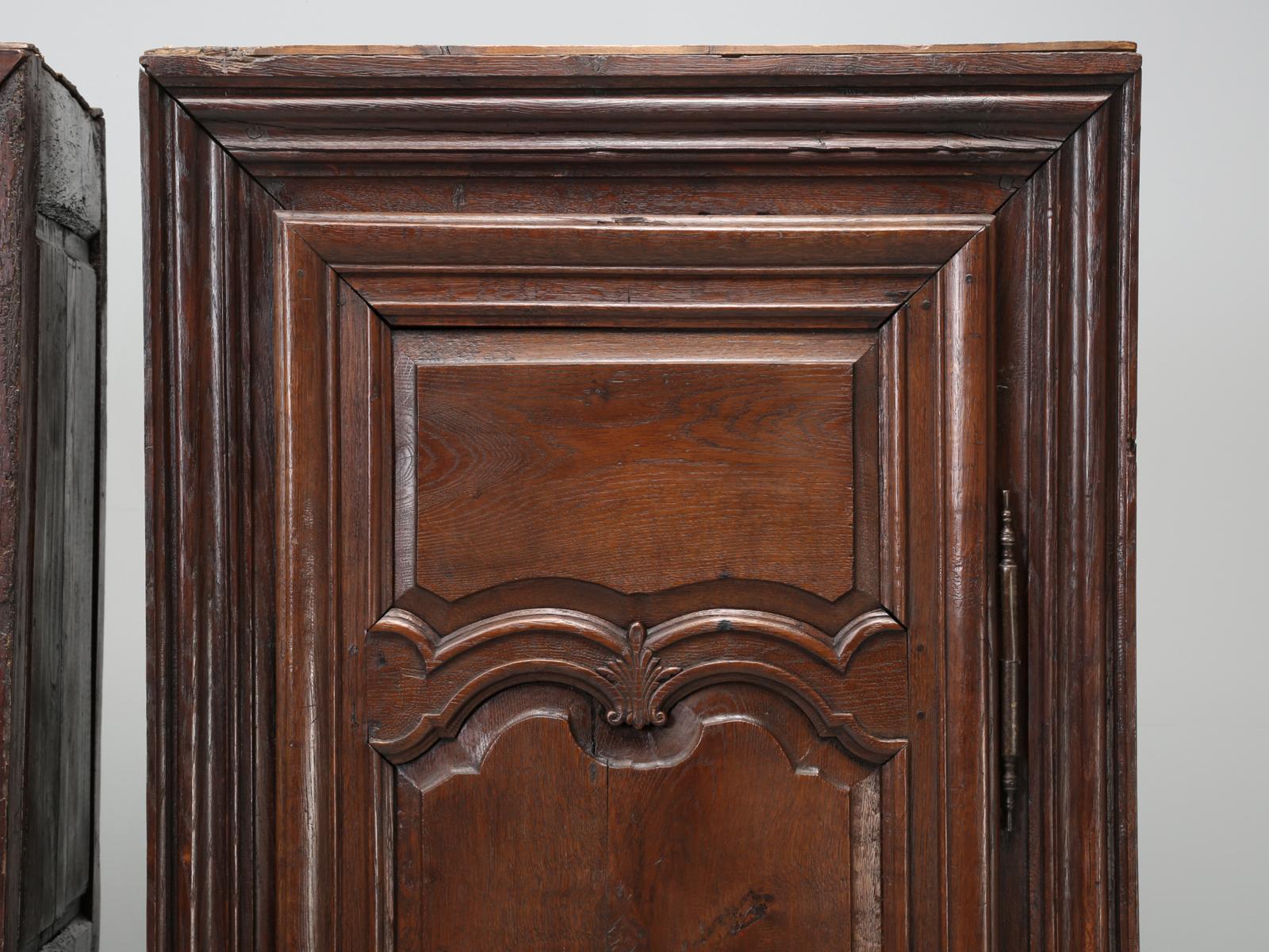 Hand-Carved Antique Pair of French Oak Bonnetiere's, Amroires or Cupboards from the 1700s