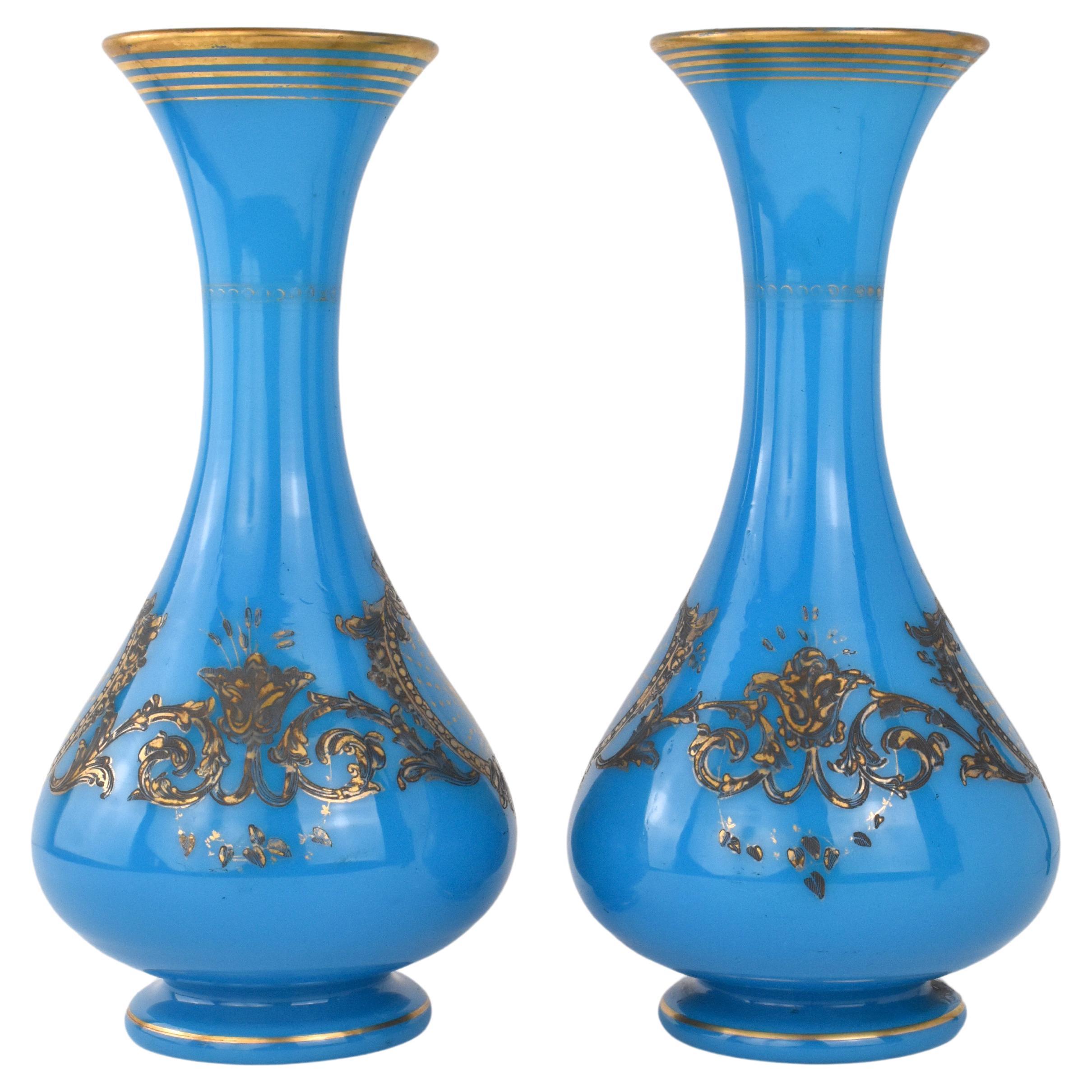 Antique Pair of French Opaline Baccarat Enamelled Glass Vases, 19th Century