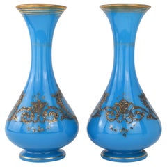 Antique Pair of French Opaline Baccarat Enamelled Glass Vases, 19th Century