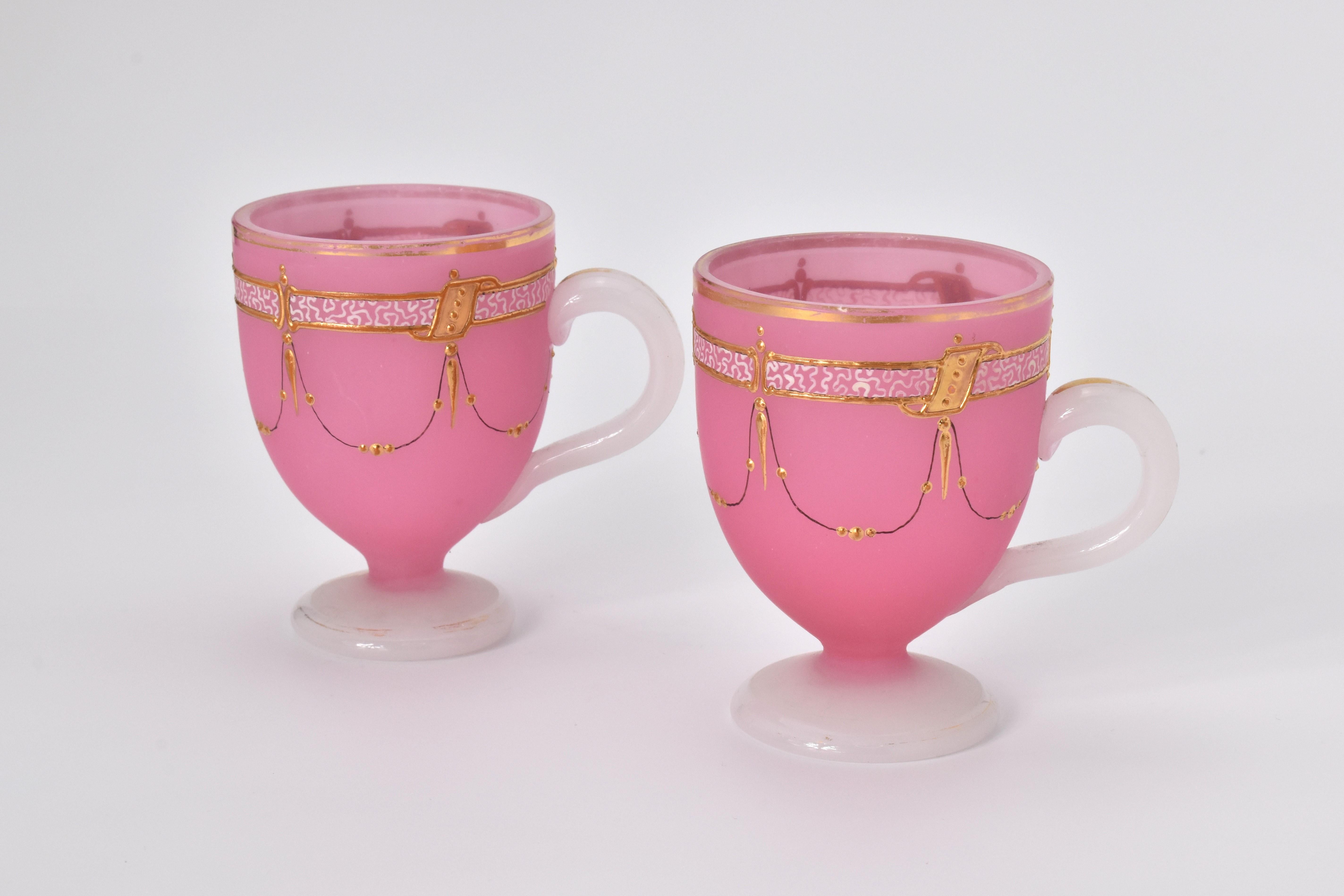 Enameled Antique Pair of French Opaline Enamelled Glass Tea Cups,  19th Century For Sale