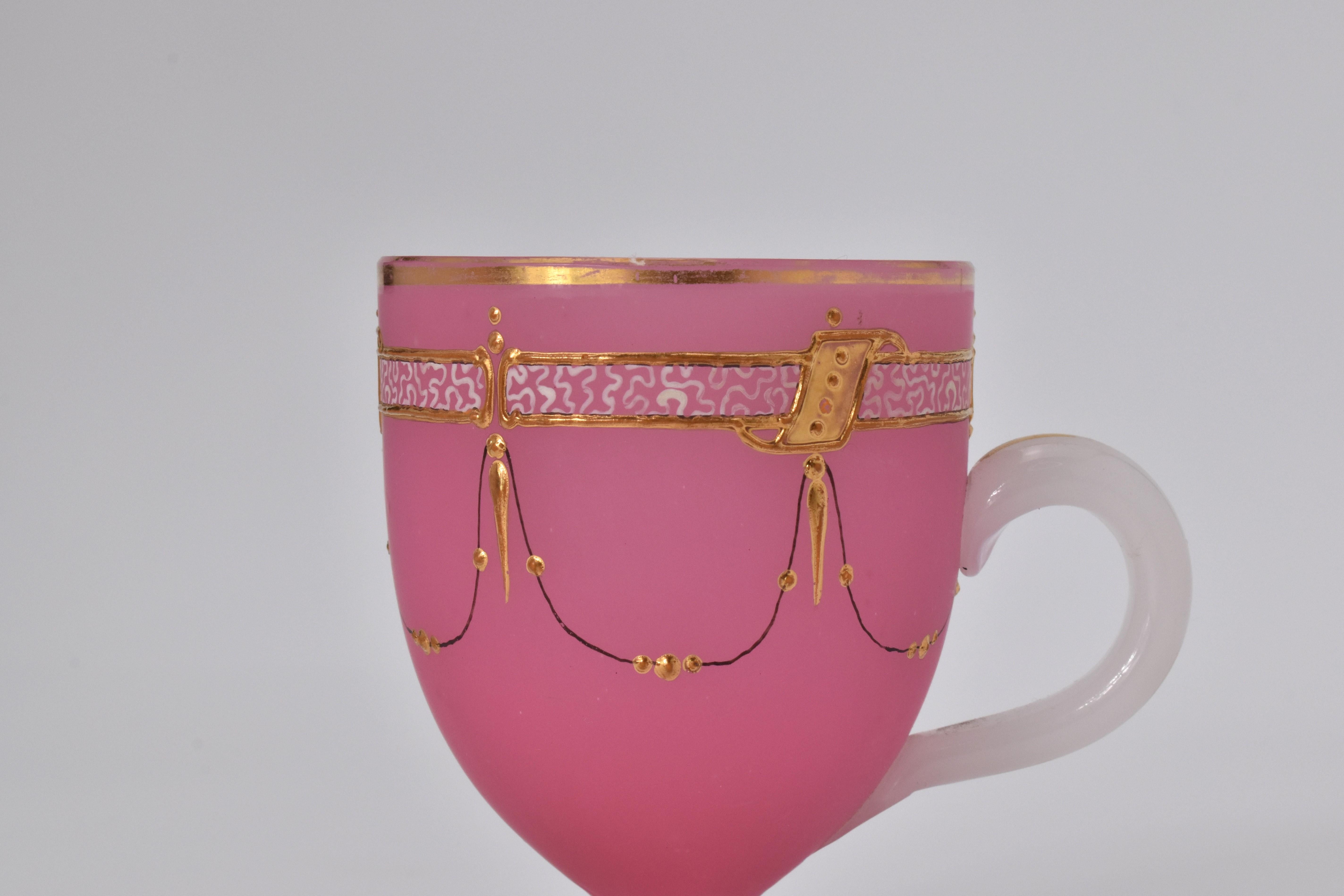 Antique Pair of French Opaline Enamelled Glass Tea Cups,  19th Century For Sale 2