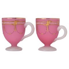 Antique Pair of French Opaline Enamelled Glass Tea Cups,  19th Century