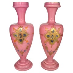 Antique Pair of French Opaline Enamelled Glass Vases, 19th Century