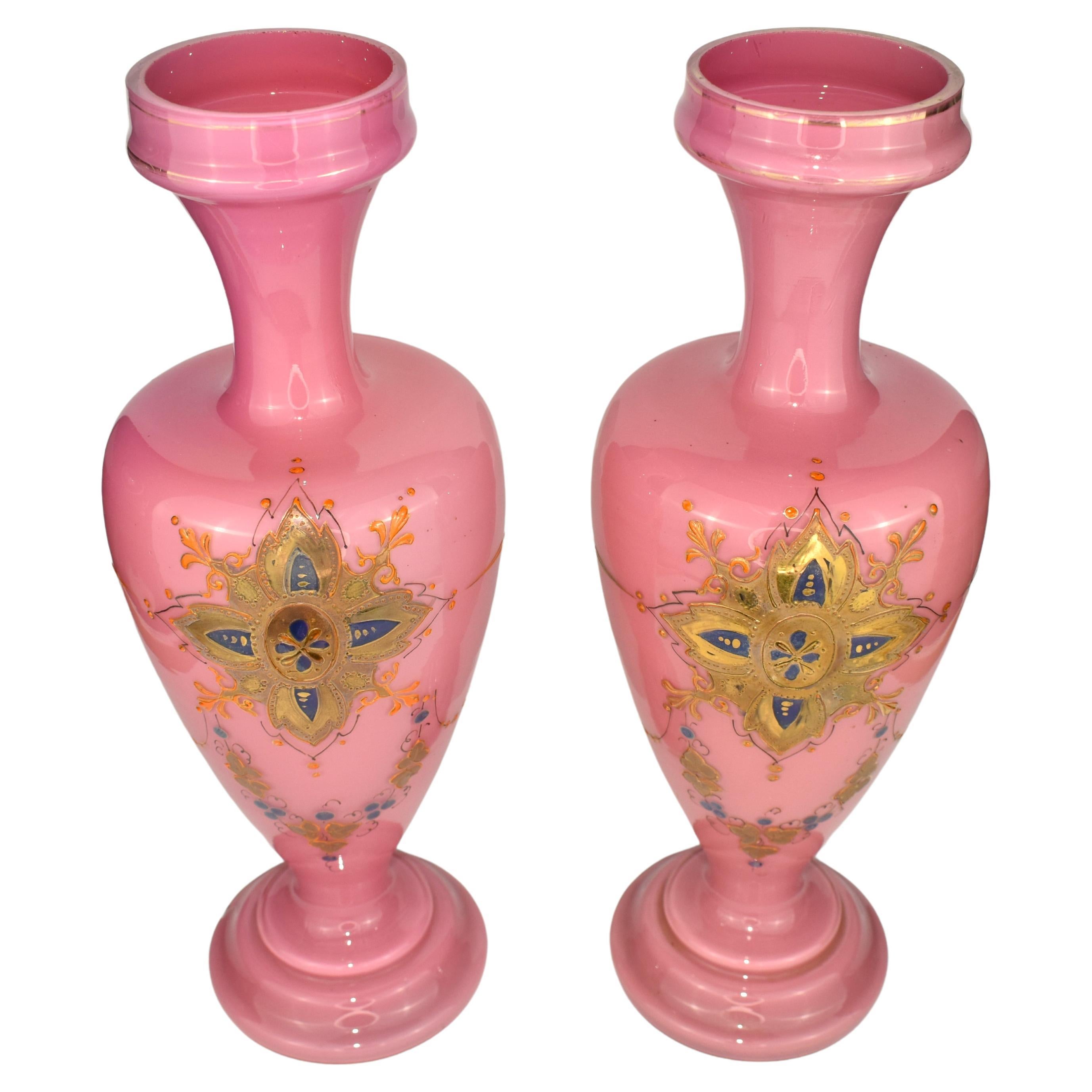 Enameled Antique Pair of French Opaline Enamelled Glass Vases, 19th Century For Sale