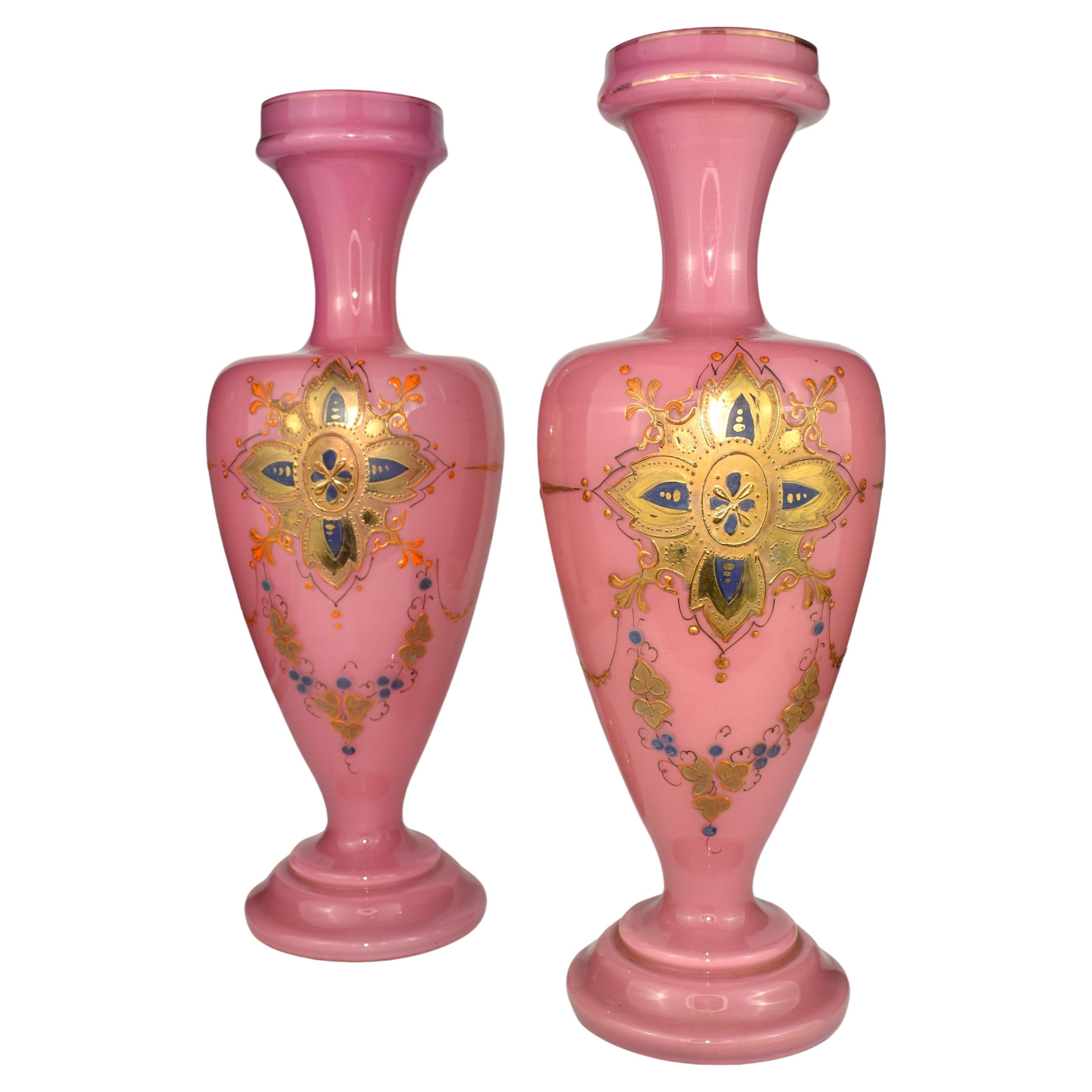 Antique Pair of French Opaline Enamelled Glass Vases, 19th Century In Good Condition For Sale In Rostock, MV