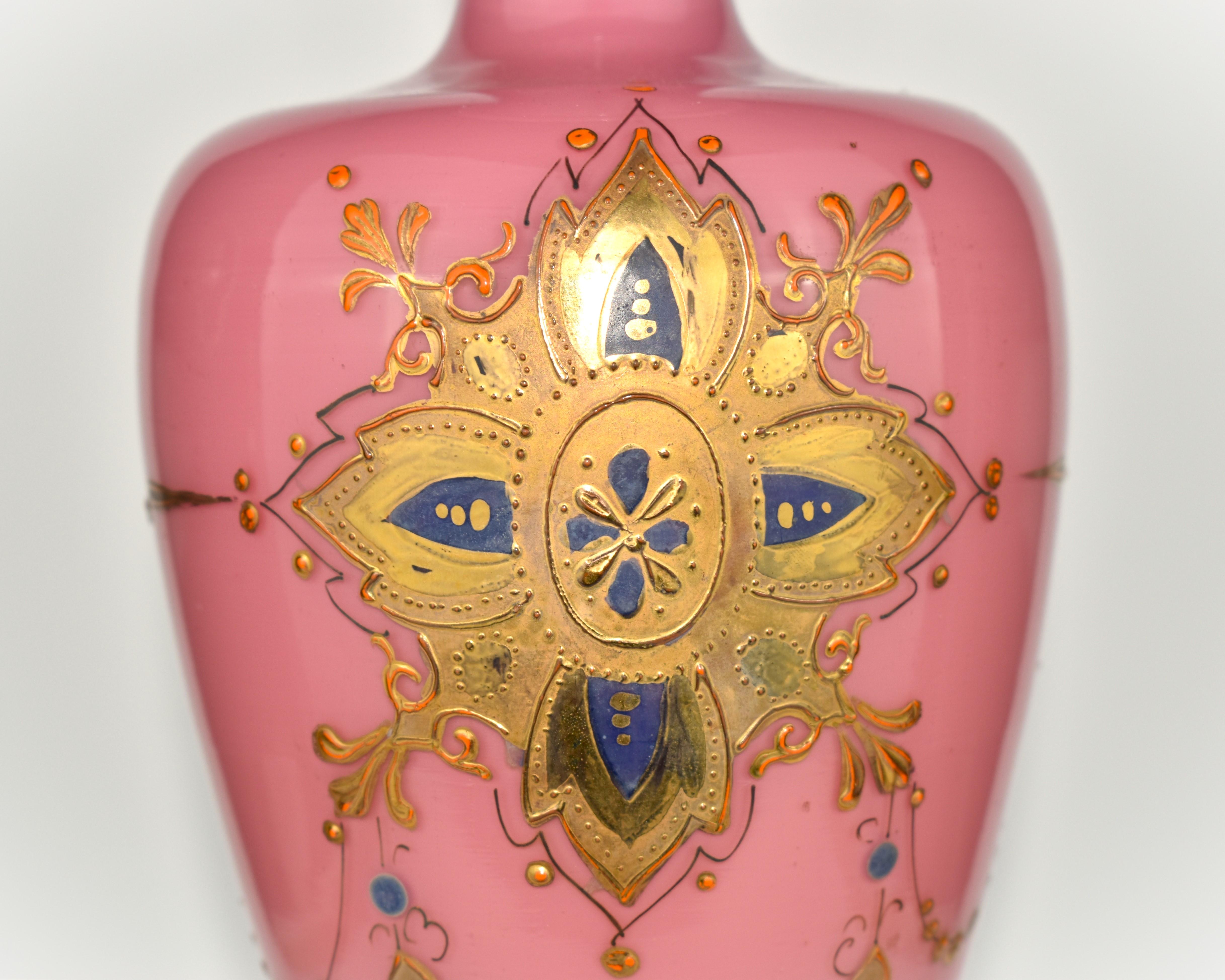 Antique Pair of French Opaline Enamelled Glass Vases, 19th Century For Sale 1