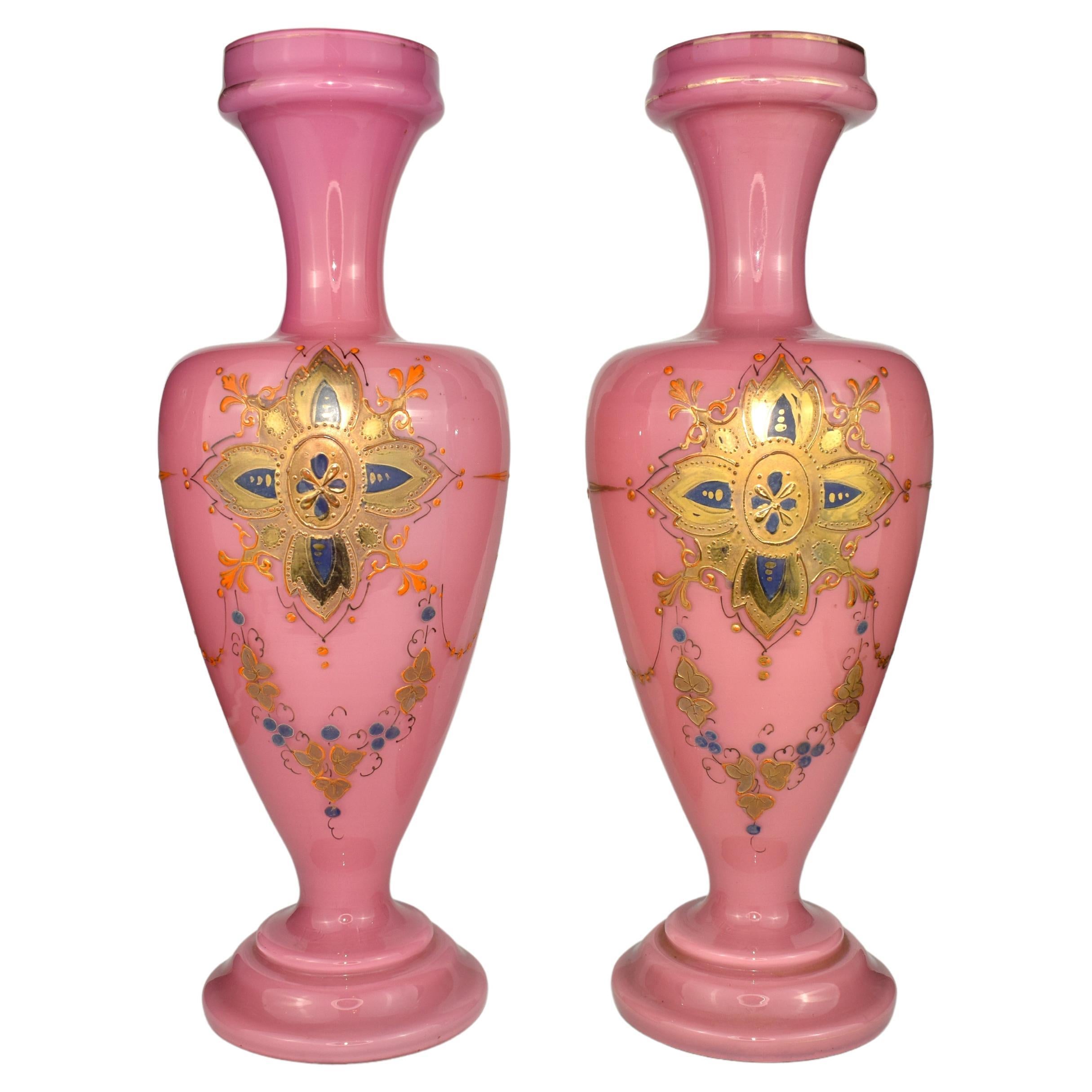 Antique Pair of French Opaline Enamelled Glass Vases, 19th Century For Sale